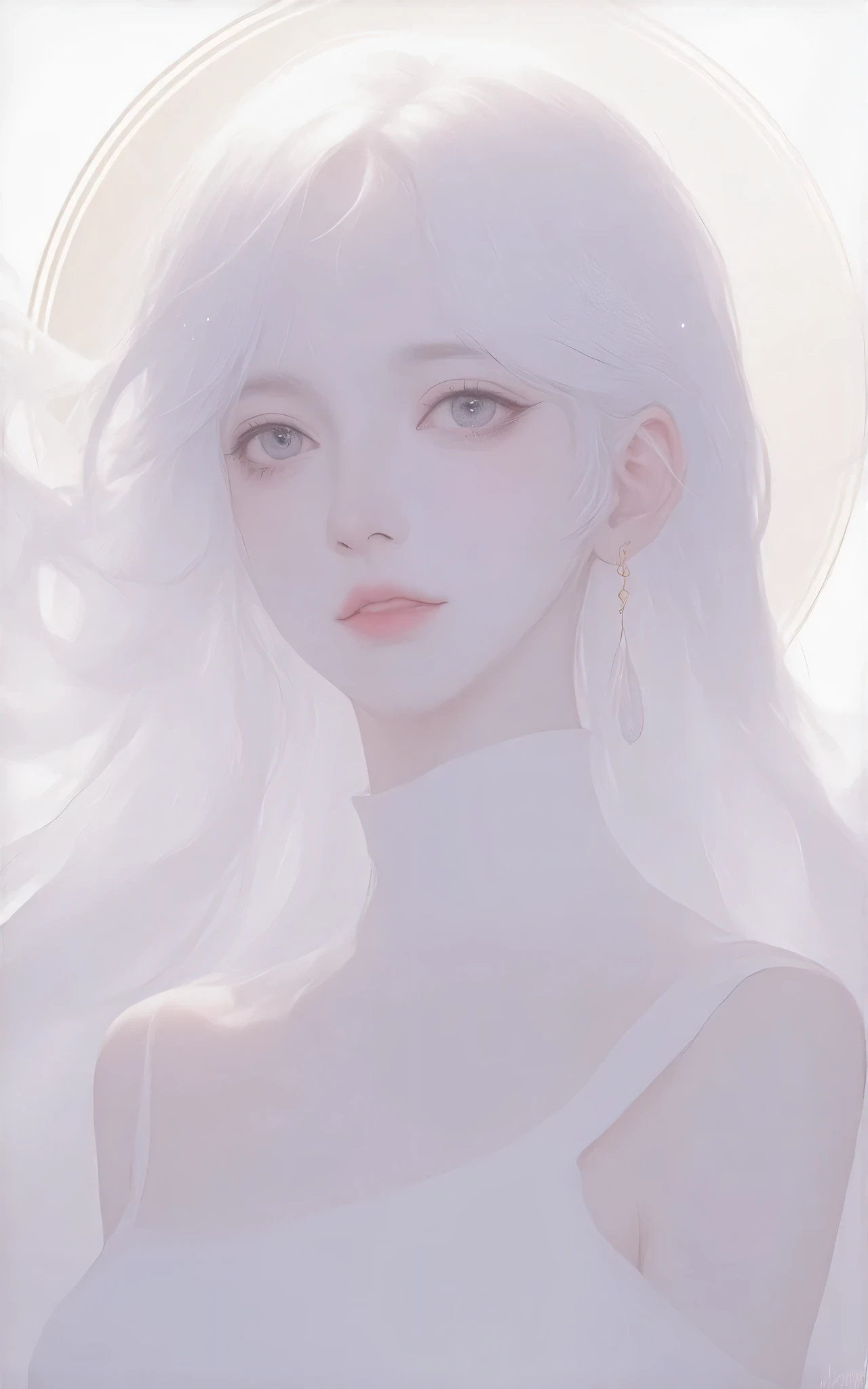 Create a digital illustration of a young woman with long, flowing white hair that has soft waves. She has large, expressive eyes that sparkle like crystal, and her skin appears porcelain-like. Her outfit is a sleek, high-neck white top that glistens subtly. Surround her with an ethereal glow, and add a halo-like circle behind her head featuring intricate golden patterns. Incorporate delicate jewelry, including small, star-shaped accents in her hair and dangling earrings. The overall atmosphere should convey a sense of serenity and otherworldliness, with a soft color palette of whites and pastels.