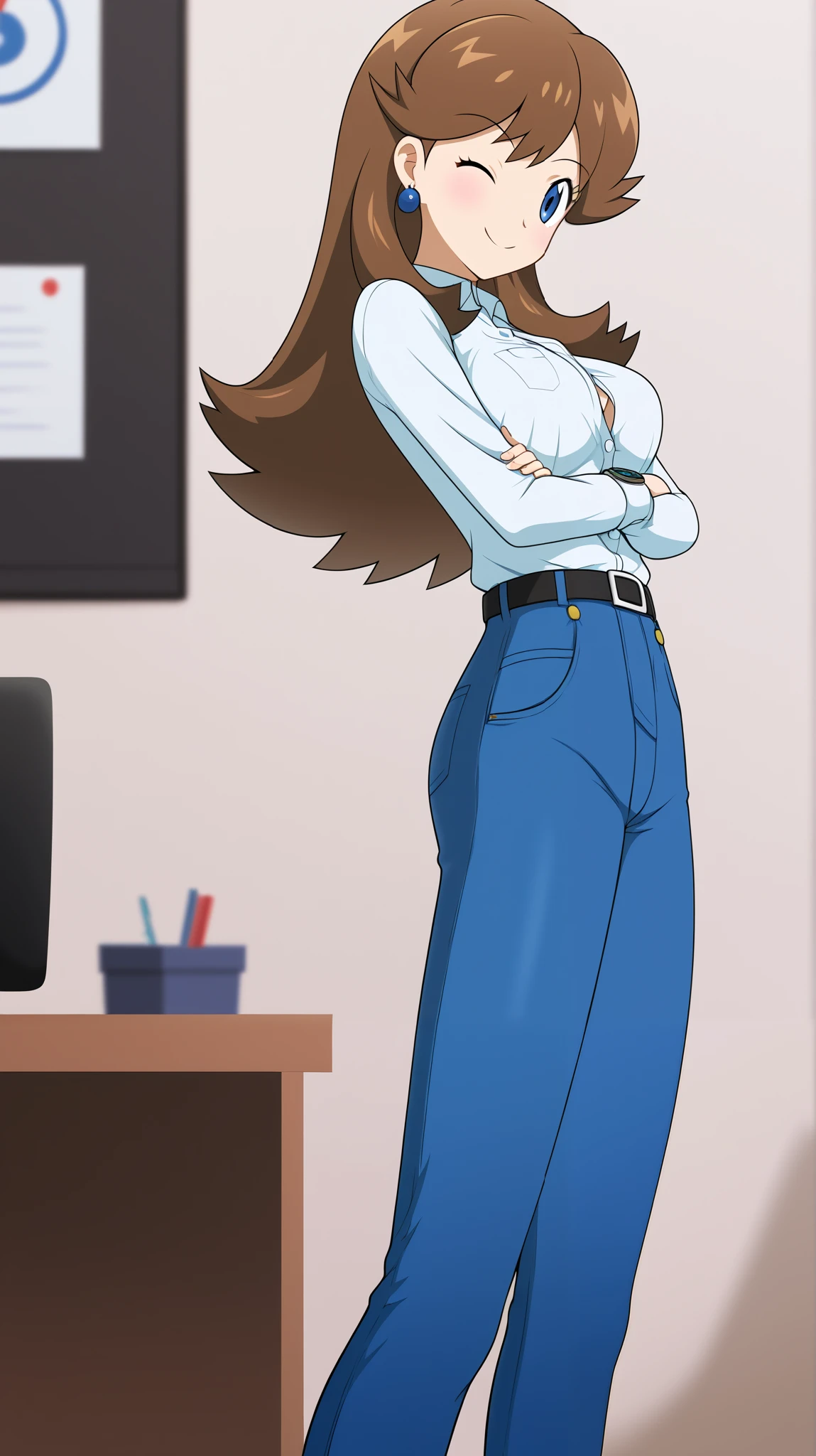 (( top quality)), (( Masterpiece)), (( Details)), 1girl , orange brown hair color, long hair, blue eyes, white button shirt, Hemming, blue long sleeve jeans, belt, black high heels, blue earrings, sexy smile, seductive smile, wink, close one eye, Watch viewers, cross arms, Height, アニメ塗り絵, 1 Female, Age 18, Three idiot hairs , bangs, whole body, slim figure, Ample breasts, office, (\ Pokémon\), score_9, score_8_ excellent, score_7_ excellent, score_6_ excellent, source_Anime, cell shading , FLAT COLOR , vector,