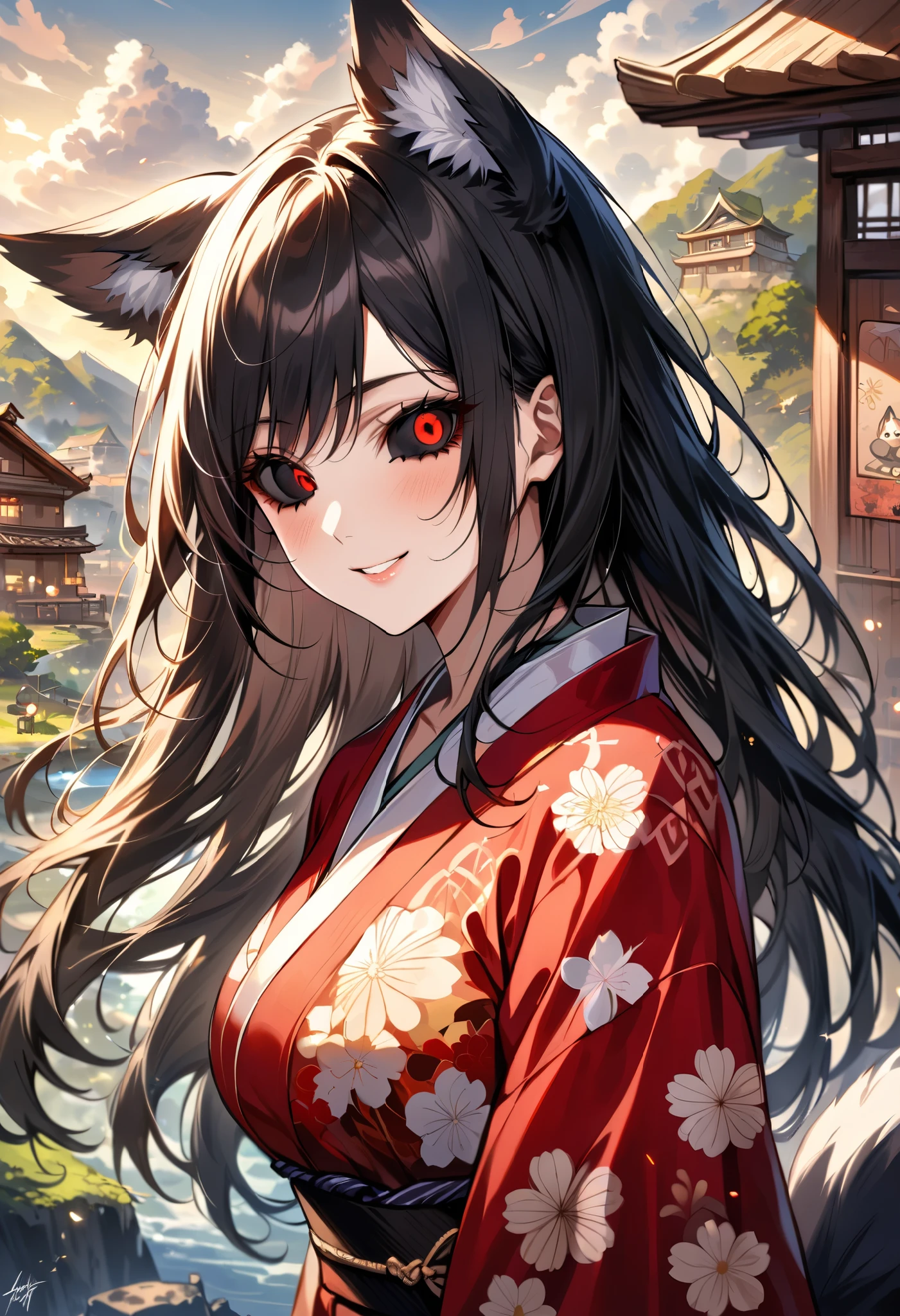 Masterpiece, Very detailed, ultra detailed, one, (1 woman), Japanese, She is in a black simple yukata and in an elegant pose, super mature, tall, mom, Mature mother, super long hair, black and dark hair, straight hair, black cat ears, three cat tails, Beautiful, Charming, blue eyes, elegant, medium breasts, cheerful breasts, kind face, calm with background, atmosphere against Japanese themes.
