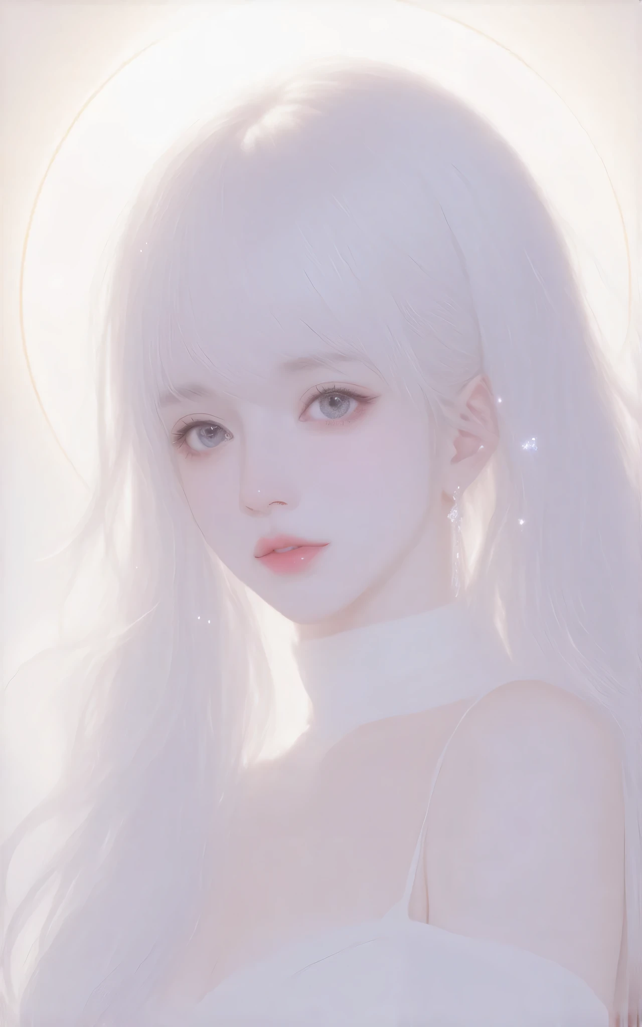 Create a digital illustration of a young woman with long, flowing white hair that has soft waves. She has large, expressive eyes that sparkle like crystal, and her skin appears porcelain-like. Her outfit is a sleek, high-neck white top that glistens subtly. Surround her with an ethereal glow, and add a halo-like circle behind her head featuring intricate golden patterns. Incorporate delicate jewelry, including small, star-shaped accents in her hair and dangling earrings. The overall atmosphere should convey a sense of serenity and otherworldliness, with a soft color palette of whites and pastels.