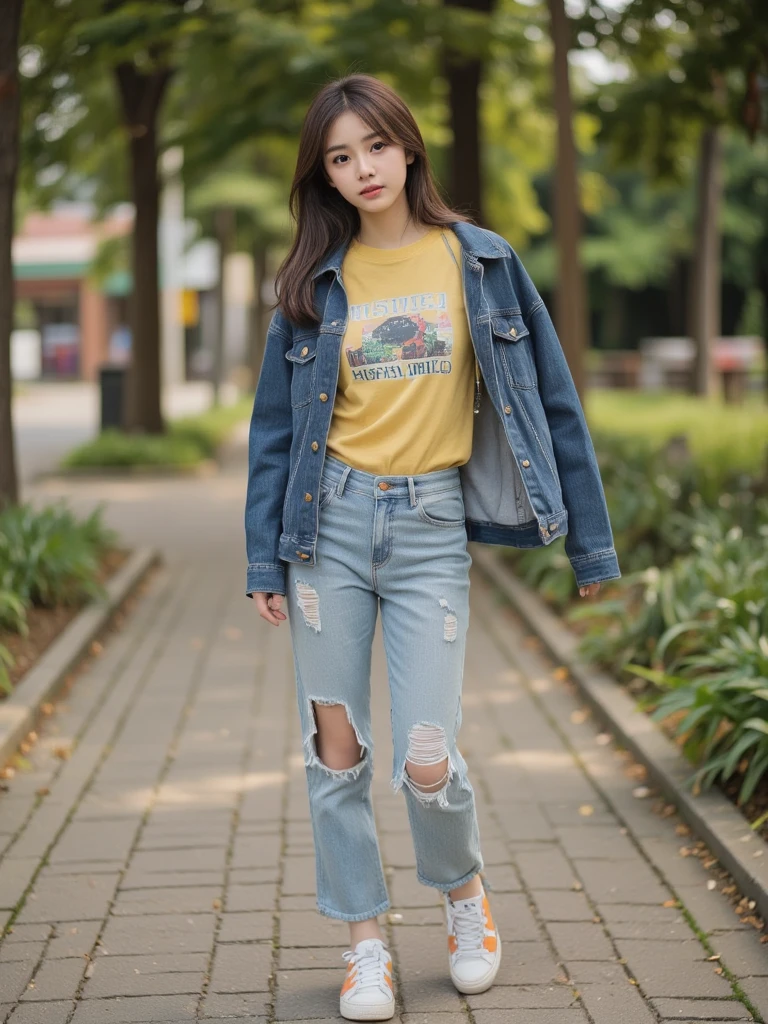   a 20  year old  girls,high resolution,professional grade,RAW photography,,perfect eyes,,eyes focus,the face of an angel . wearing a denim jacket with a yellow t-shirt , ripped jeans and white and orange shoes, ,standing on the  path of a park, bcd1