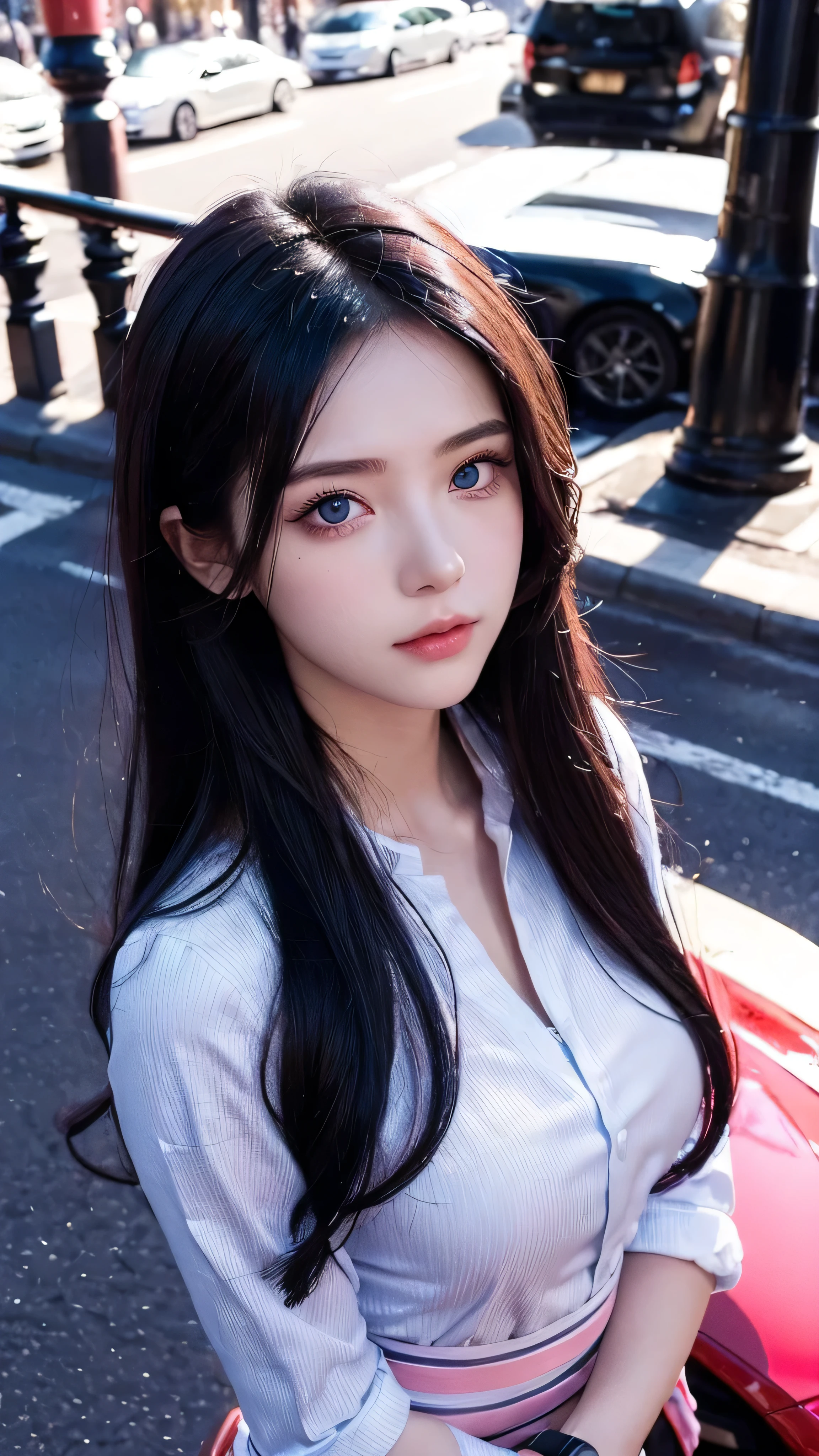(Slightly above , portrait, Watch viewers:1.5), Illustration of , creative, masterpiece, 8k Wallpaper, are ridiculous, top quality, dynamic angle, fine eyes , dreamy , Abstract art, panorama, cinematic writing , 1peopleの女の子, charming, delicate, ( black hair, long hair, hair between eyes:1.1), ( blue eyes), ( Pink Streaks , Blue Stripes:1.2), side lock, Crown Blade, Black and red combination clothes, girls with cute faces , standing up , ( highly reflective eyes ), eyes reflecting the city , very beautiful background , bright boulevards , bustling early afternoon streets , car road , lamp post,people々Crowds of 。