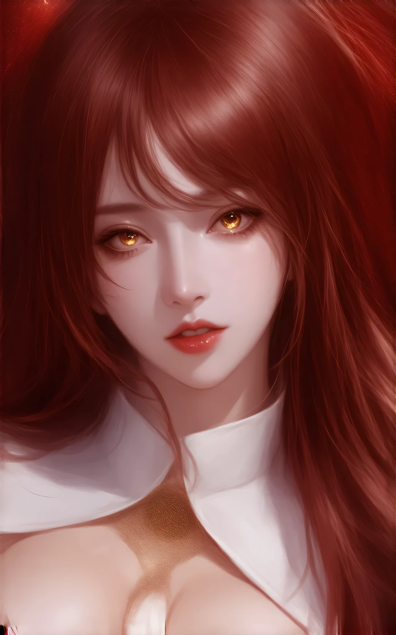 Create an image of a striking character with long, vibrant red hair and captivating golden eyes featuring spiral patterns. She has a seductive expression, with glossy lips and sharp, elegant nails. Her hand gently rests on her face, and she wears a stylish outfit with a high collar and a decorative emblem on the chest. The lighting is dramatic, highlighting her features in a slightly mysterious and alluring atmosphere. Emphasize a blend of elegance and an enigmatic charm in the overall composition.