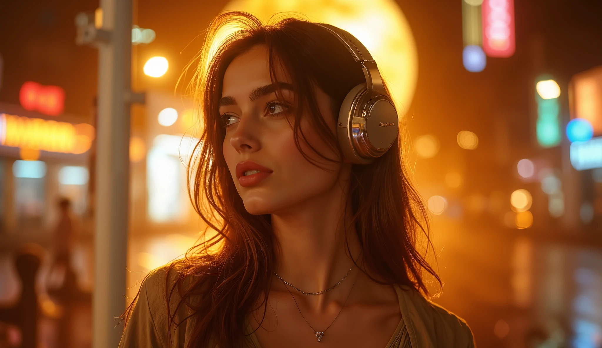 whole body、 beautiful collarbone 、The full moon shines beautifully、 Gold、ヘッドフォンをしているBeauty、The best photos for TikTok、Beauty、 dynamic angle、ヘッドフォンをしているBeauty、 night city background with neon lights