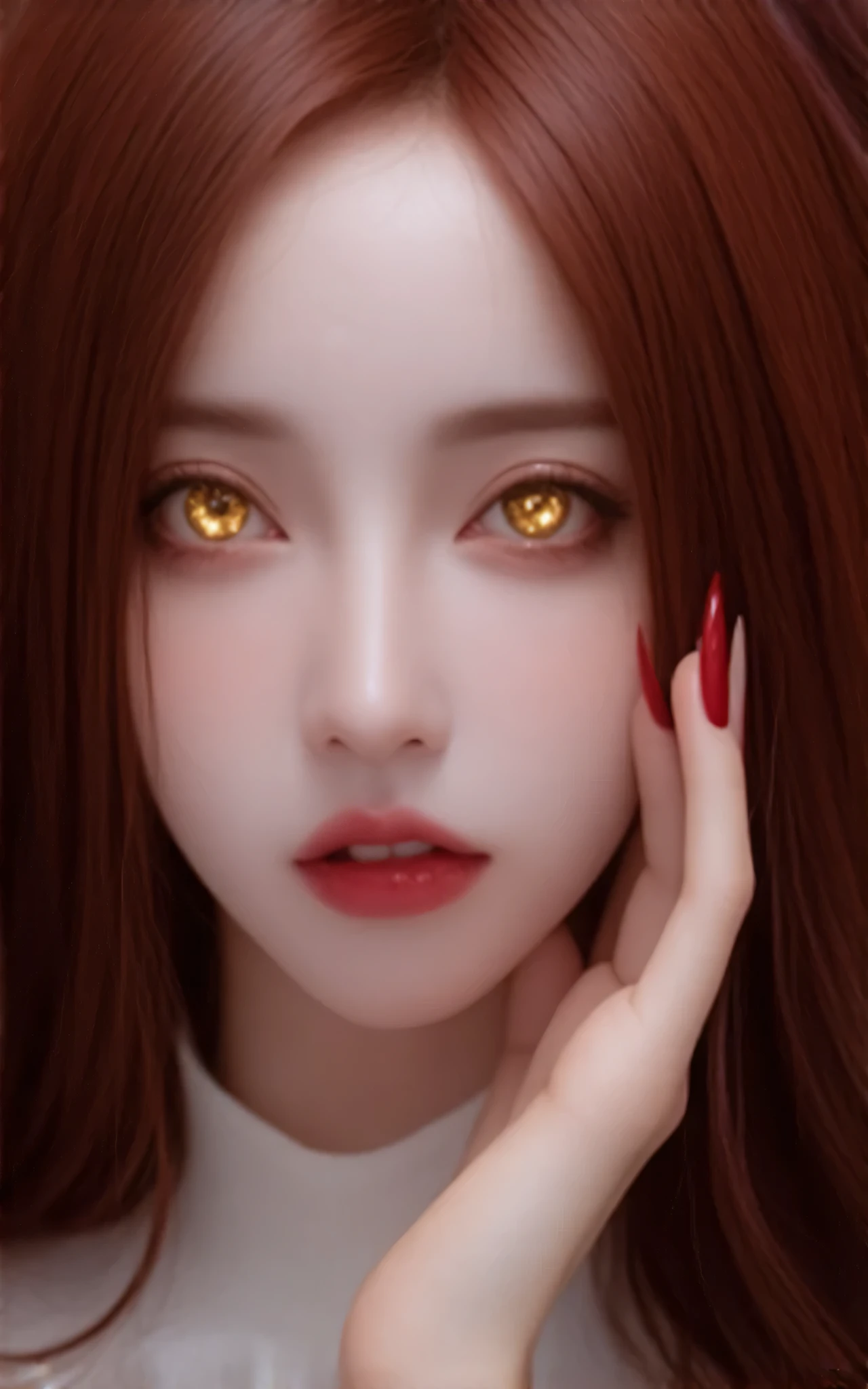 Create an image of a striking character with long, vibrant red hair and captivating golden eyes featuring spiral patterns. She has a seductive expression, with glossy lips and sharp, elegant nails. Her hand gently rests on her face, and she wears a stylish outfit with a high collar and a decorative emblem on the chest. The lighting is dramatic, highlighting her features in a slightly mysterious and alluring atmosphere. Emphasize a blend of elegance and an enigmatic charm in the overall composition.