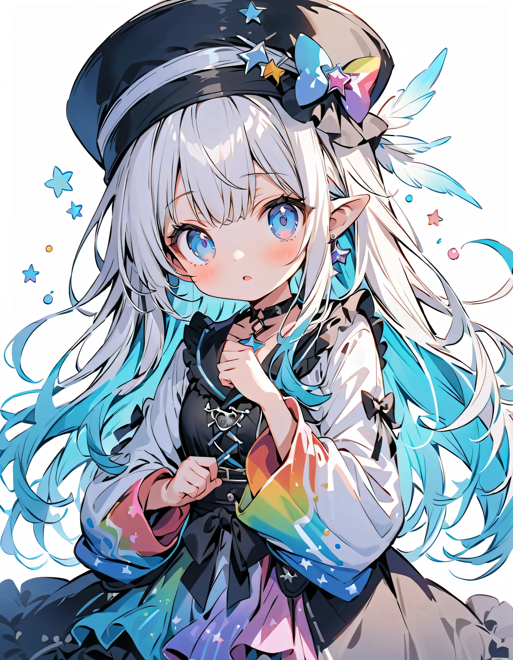 BEST DETAILS、 girl,,Blink, Best quality , milky white and blue gradation hair color、Wear a colorful and cute gothic kimono costume , Star Fairy ,Wear a colorful and cute gothic kimono costume with little fairy feathers growing from above your waist 、 simple background 、 Best Details 、navy blue and light blue color palette、Casket hat with a rainbow motif 、 Seven translucent little fairy feathers growing from the waist、