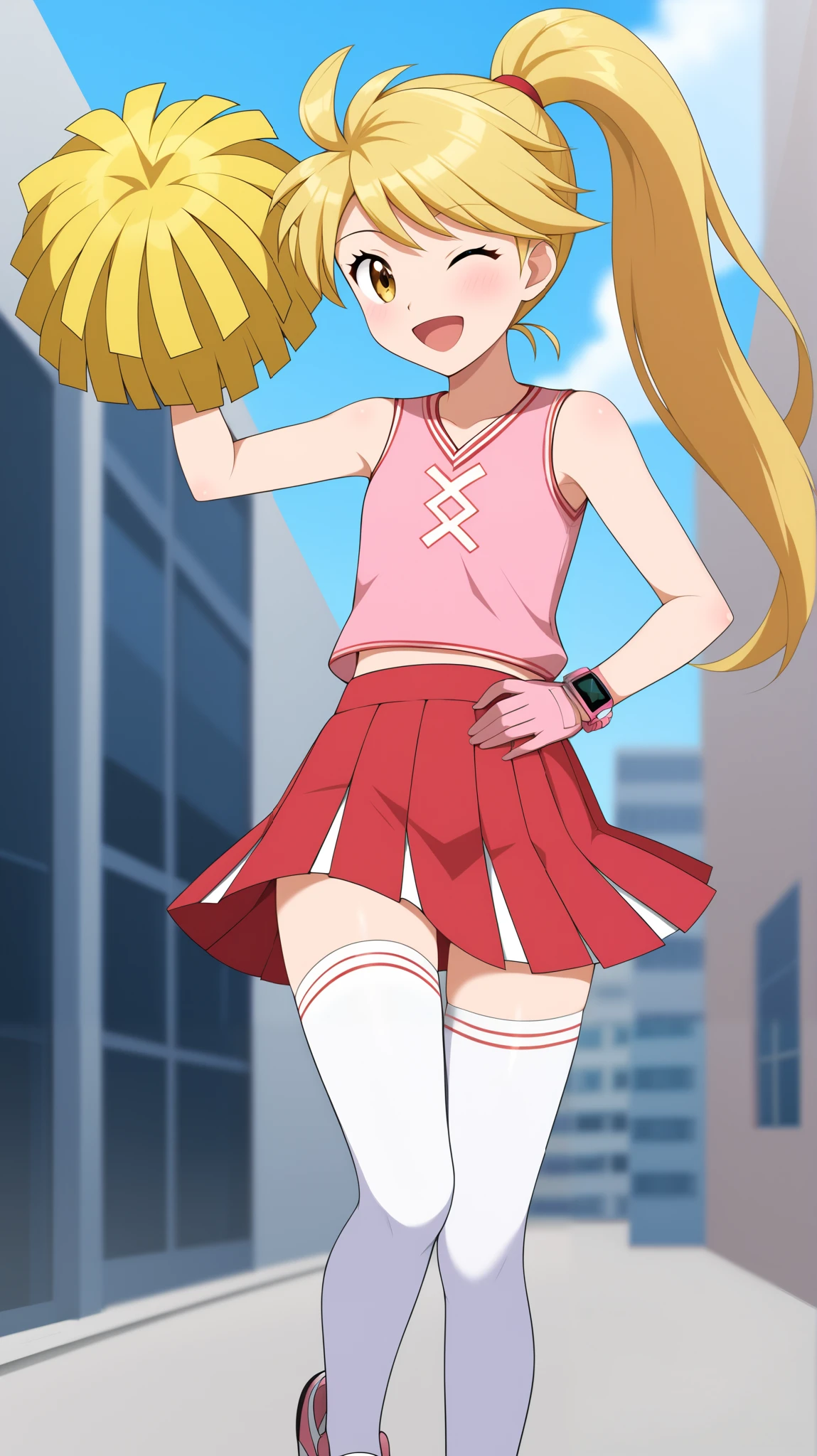 (( top quality)), (( Masterpiece)), ( Details), 1girl , Two legs, two arms, golden hair color, ponytail, long hair, yellow eyes, cheerleader, pink sleeveless shirt without gloves, pink pleated mini skirt , white knee-high stockings reflective on glass floors, absolute domain, thighs, white lace up shoes , Height, アニメ塗り絵, Watch viewers, 1 Female, , standing, whole body, pink pompoms, slim figure, sexy smile, seductive smile, wink, close one eye, open your mouth, City, (\ Pokémon\), score_9, score_8_ excellent, score_7_ excellent, score_6_ excellent, source_Anime, cell shading , FLAT COLOR , vector,
