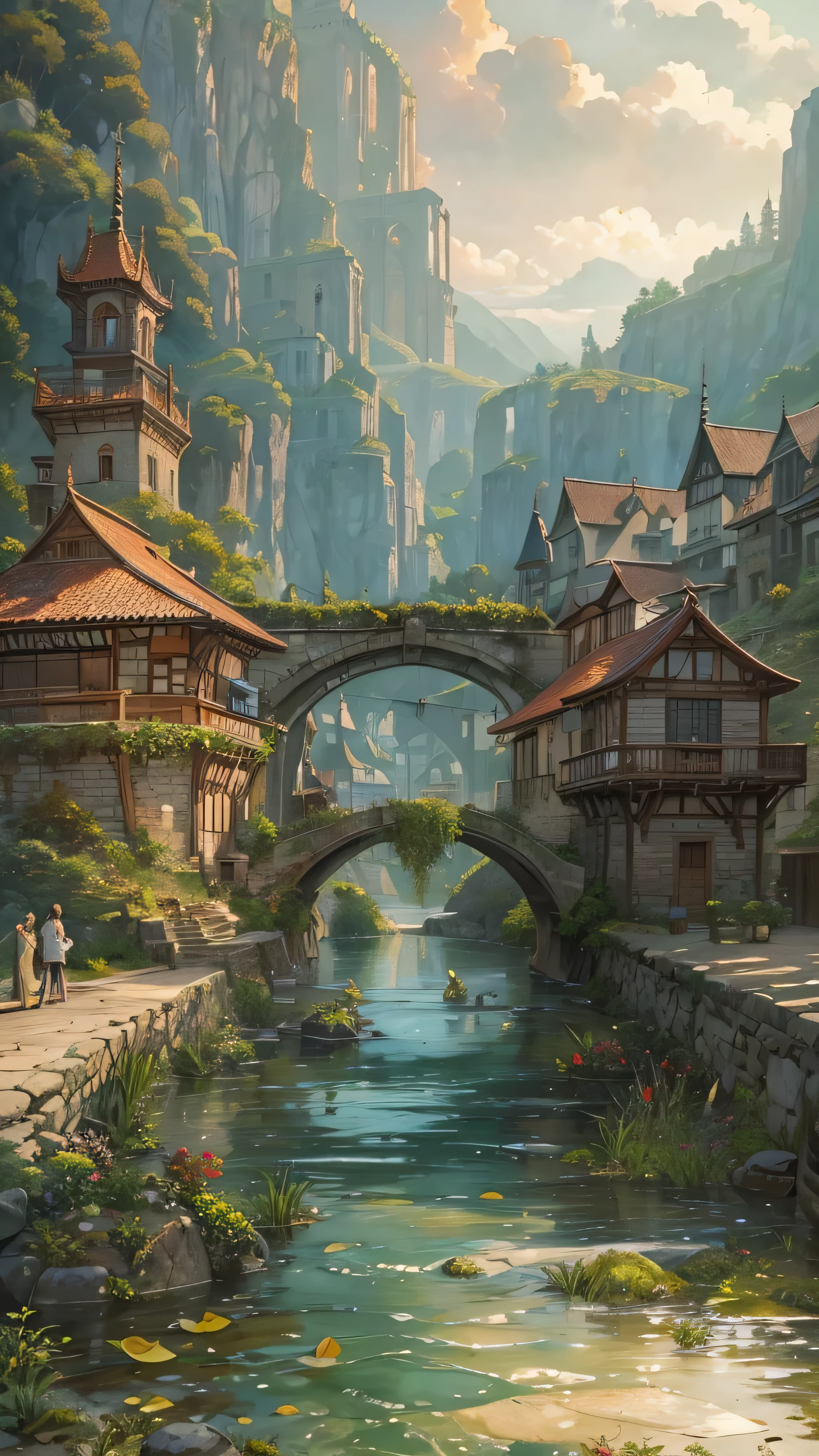 Painting of a river running through a small town with a bridge - SeaArt AI