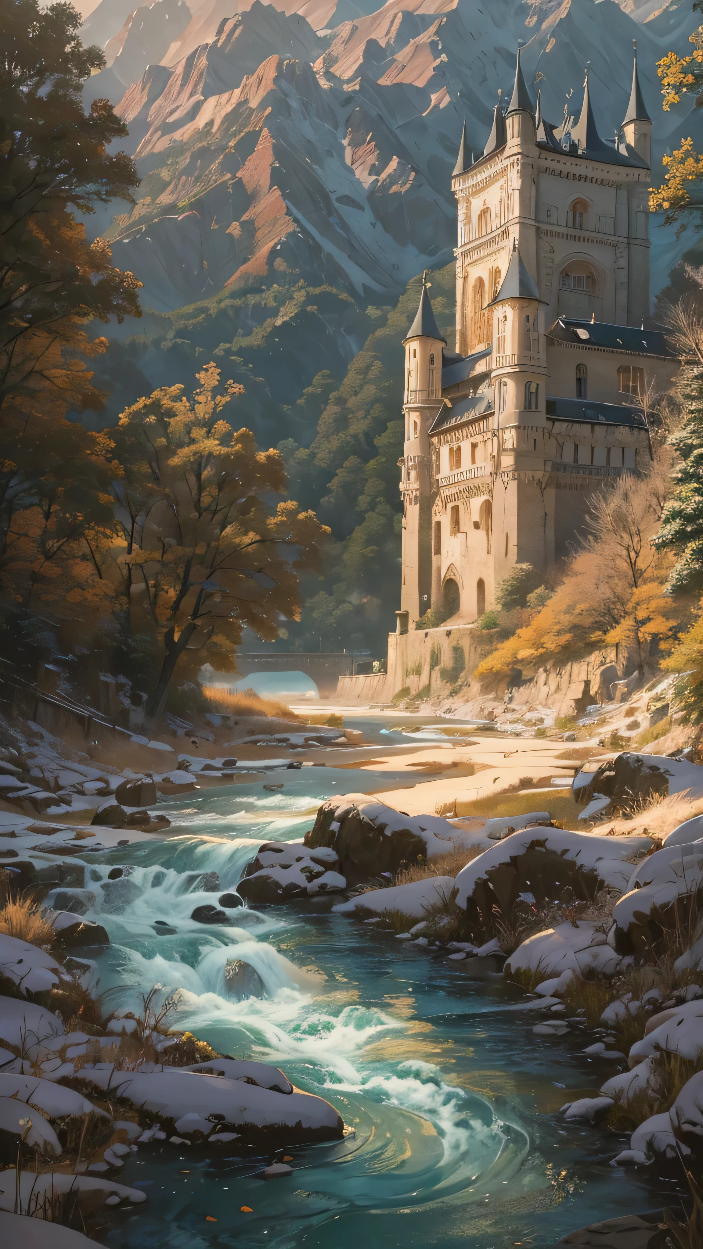 Painting of a castle in the mountains with a stream running through it ...