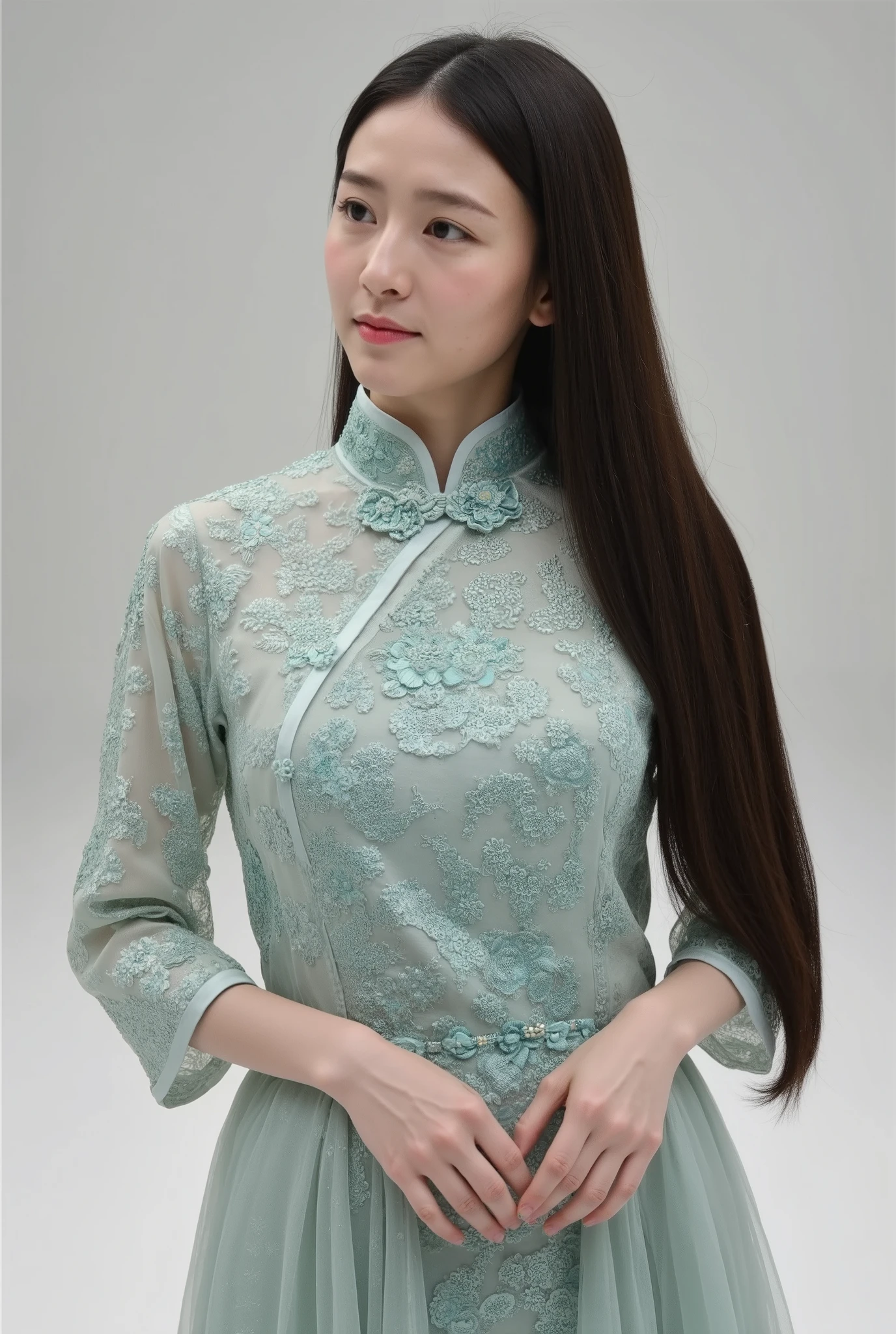 Chinese Cheongsam,Tang Sancai style,girl,Northern Europe,White skin,Extra long hair,Black Hair,Straight Hair