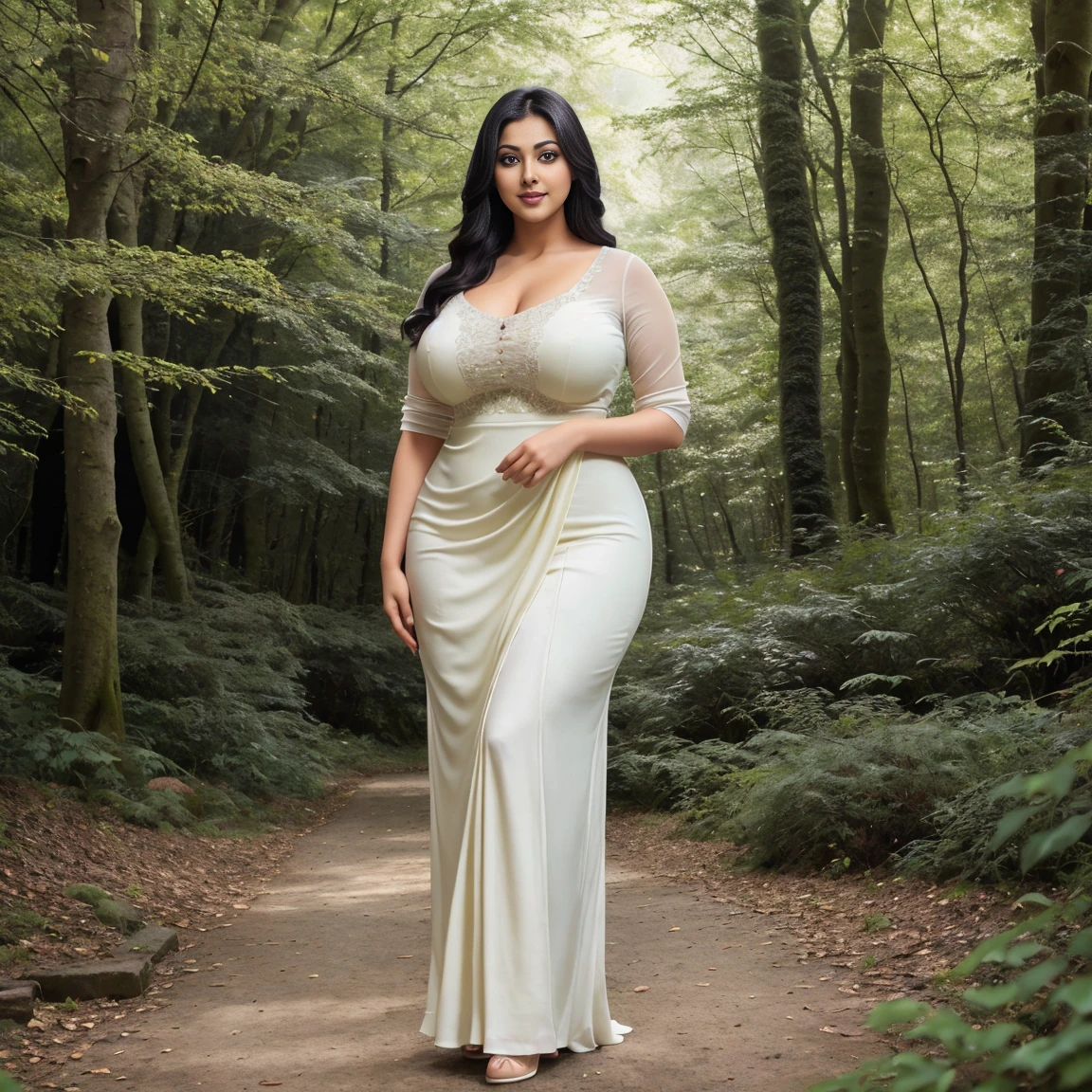 Rati Agnihotri Indian beautiful actress curvy plus size hour glass bulky huge figure woman, closeup camera view, big huge m-cup breast, wearing SHEIN Young Girl Pleated Elegant  Princess Dress SKU: sk2305049341169119 (1000+ Reviews) GBP£6.99 GBP£9.99 -30% Including VAT Color:Yellow, elegant standing position, eye contact view, different style hairstyle, bright eyes, thin eyebrows, fair skin, blushing cheeks, prefect head to toe view, full body, Enchanted Forest: A mystical forest setting with towering trees, lush greenery, and ethereal light filtering through the branches., head to toe view, full body shot, full body view, smile face, black hair, Indian face, perfect skin tone light, ultra realistic skin texture