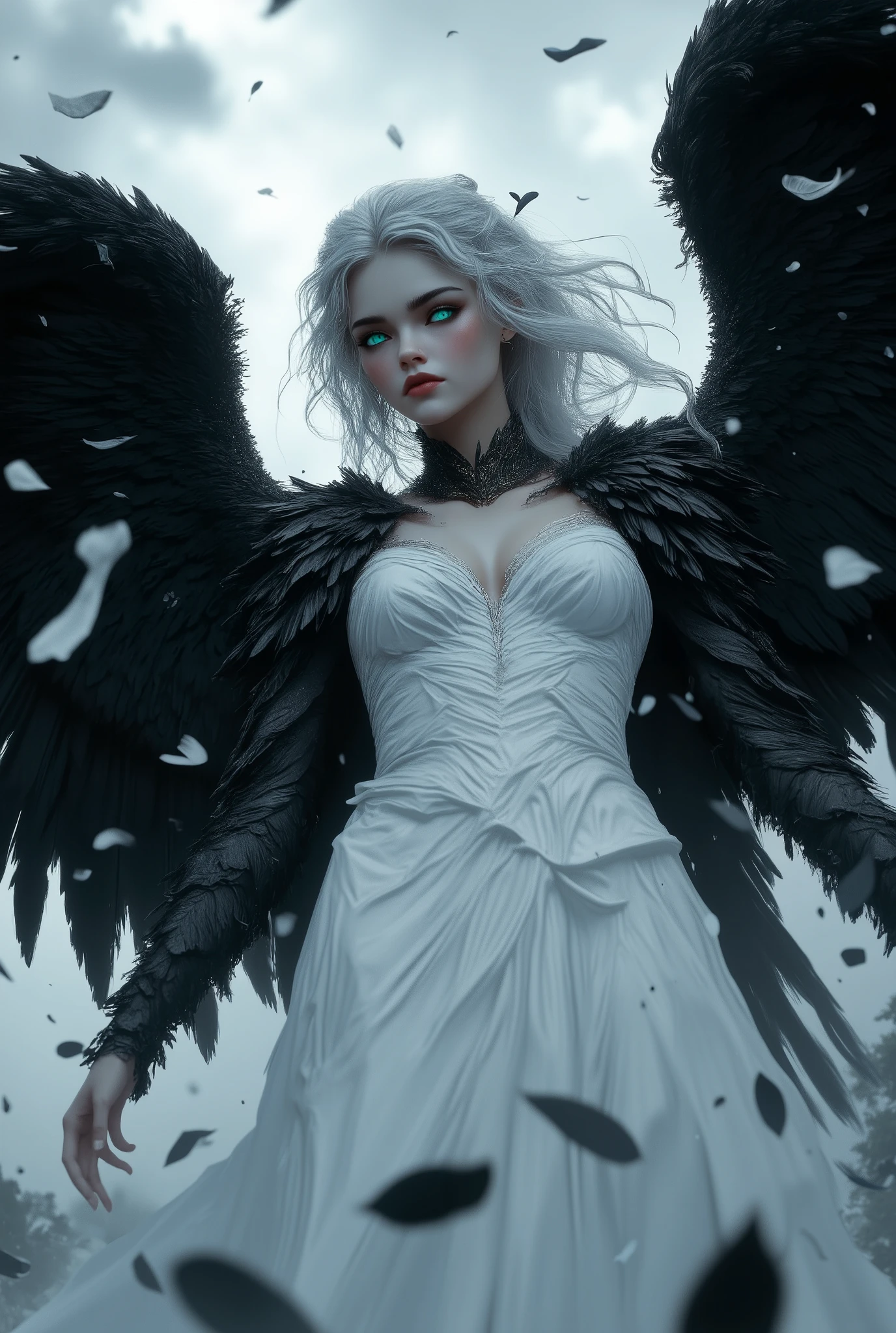A girl, fallen angel, black wings, ((large wings that cover the body:1.5)),Fading white and black hair, a very long white dress ,Emerald blue eyes, pale skin,((Falling feathers fall from the sky)),High Resolution, Masterpiece, Accurate, Anatomically Correct, Award Winning, Best Quality, High Details, High Quality, Super Detailed, Anime, Digital Art, Hyperdetailed, Suprematism,