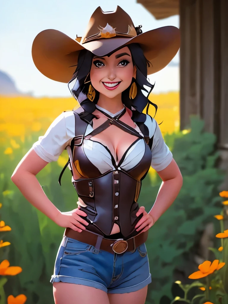 Generates a woman dressed as a cowgirl with leather clothing and her genitals visible topless nude and nipples big-boobs smile