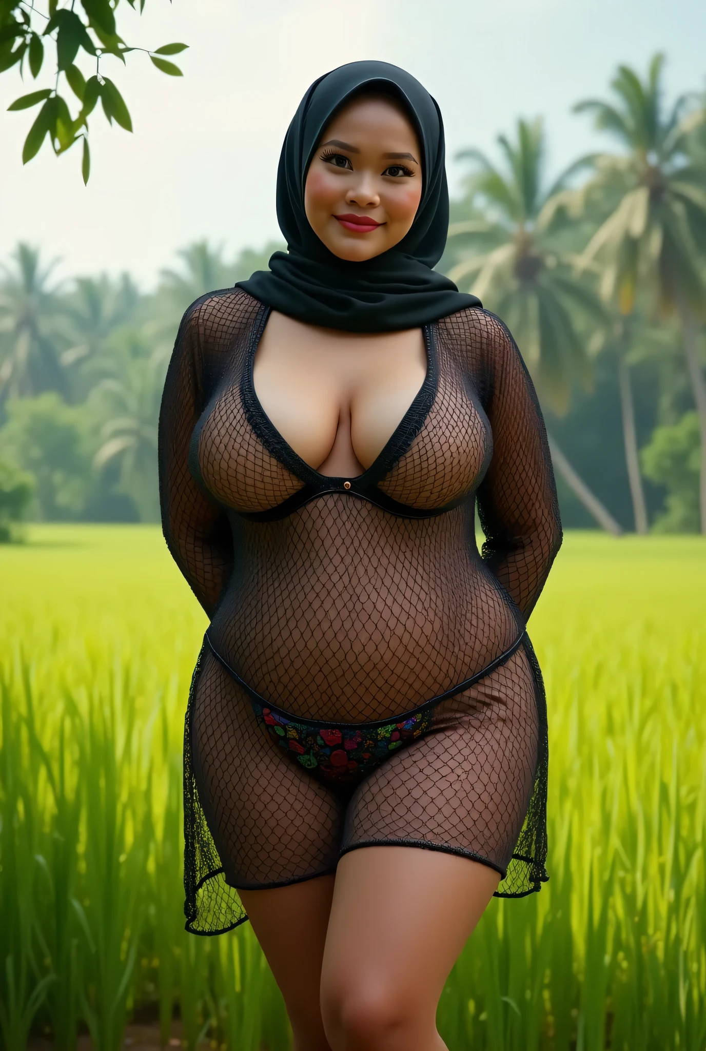 Dark skin Hijab teen girl chubby bbw, white lace, Playing in deep flood water, Big and wide back