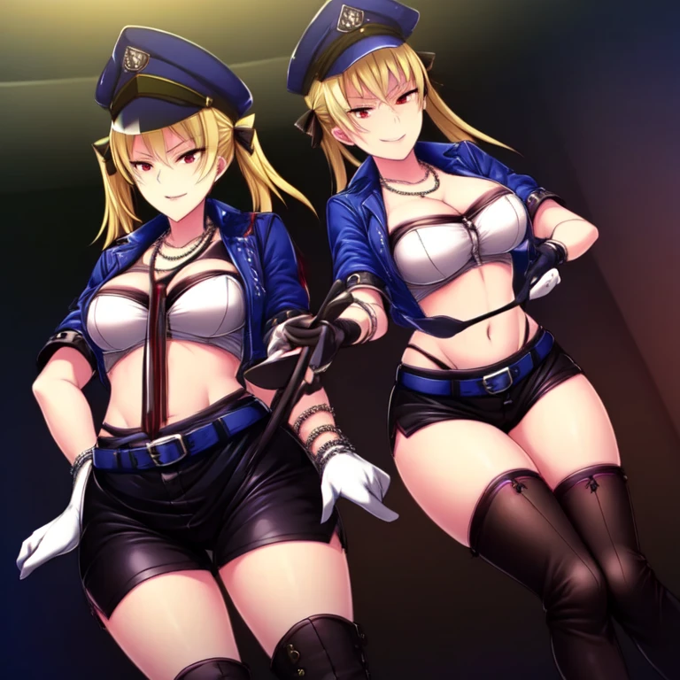 ultra-detailed, Explicit, Beautiful body, Beautiful Nose, Beautiful character design, perfect eyes, perfect face, ultra highres, 4K, beautiful legs, perfect legs, Nice hands, Perfect hand, Masterpiece, Best Quality, Highly detailed, illustration, absurdres, street fighter, doll suit, shadaloo doll, dollsuit, girls, multiple girls, expressionless, blank eyes, looking at viewer, red gloves, emotionless, black latex, corrution, mind control, female combatant, full body, hypnotized, unhappy trance, full body suit, ribbed bodysuit, both arms at side, stand up straight, obey, perfect female body, extremely glossy latex, hypnosis, hypnoLora, empty eyes, Mind control device, poses, submissive_pose, Slave, hat, necktie, stand up straight, standing, standing at attention, Slave, hat, necktie, belt, extending the right arm from the shoulder into the air with a straightened hand, nazi saluting, military, military saluting, salute, latex, ribbed bodysuit, wide hip, thicc, a curvy body, Evangeline Burton, Birdie Wing - Golf Girls Story, green eyes, blonde hair