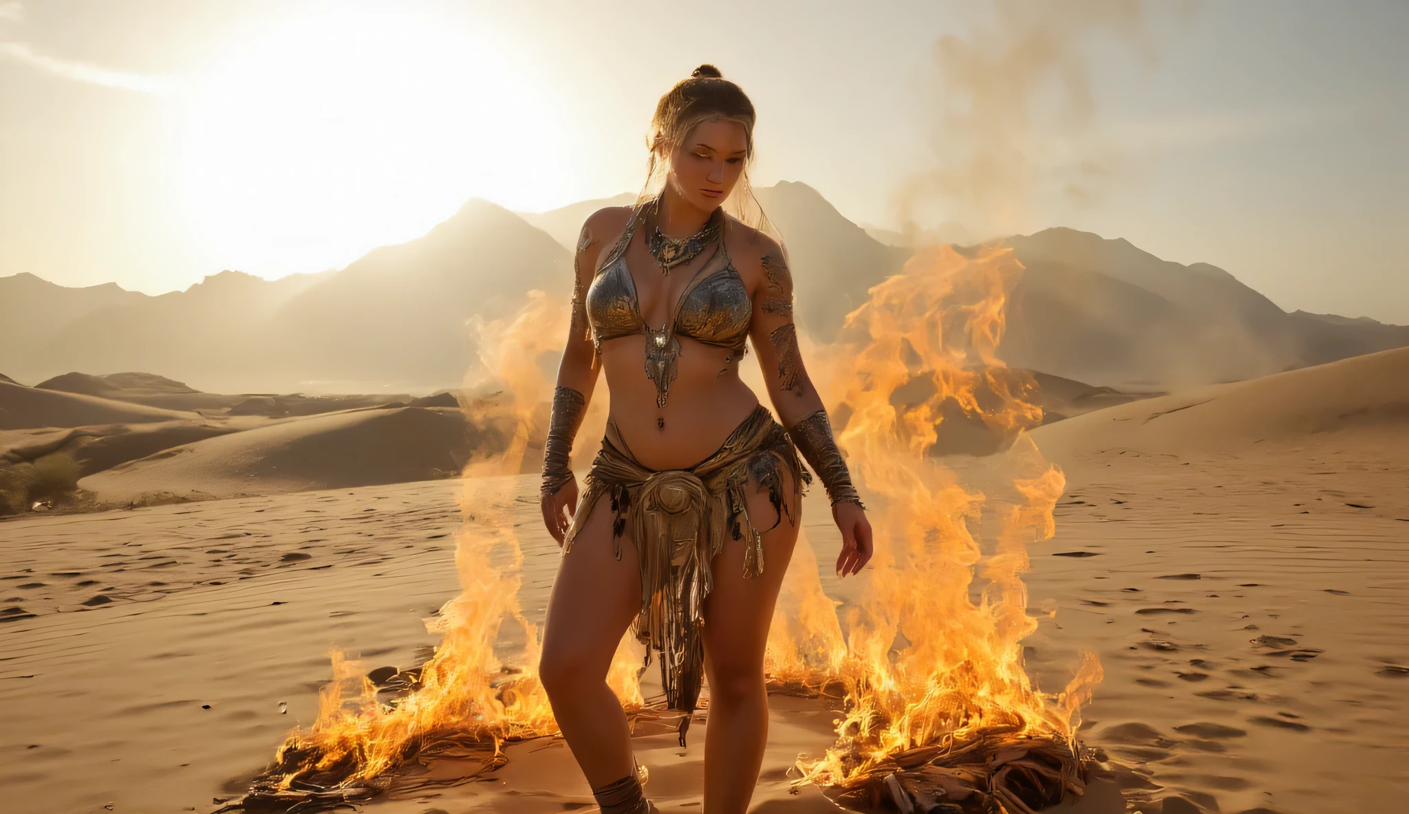 A full-body shot of a woman big breast wearing a mix of metallic and tribal attire, standing tall in a desert landscape with flames rising from the ground around her, against a bright sun. --ar 16:9 --chaos 20 --s 700 --v 5