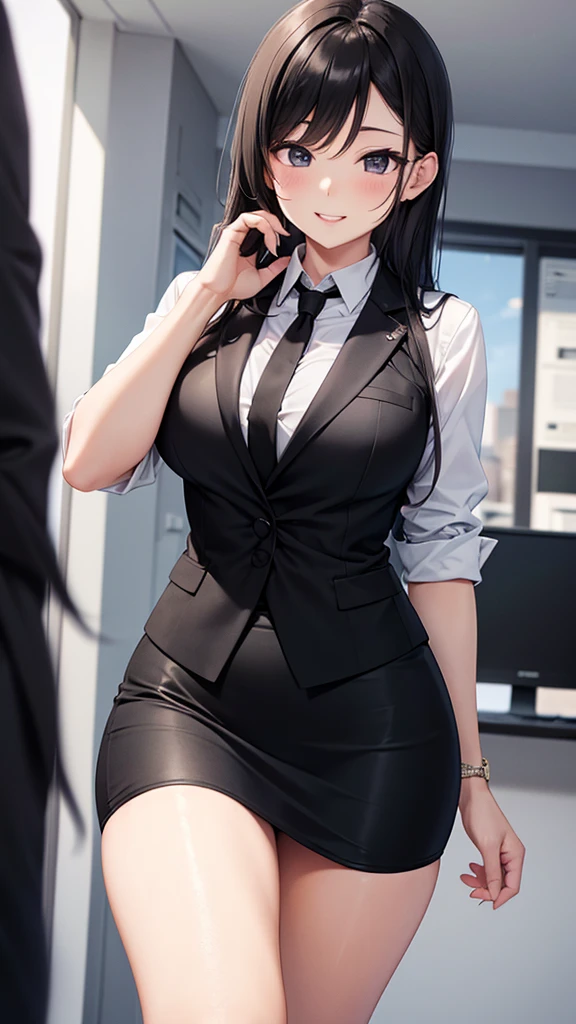 Standing, legs are open、shining white skin、(serious facial expression:1.5), (Black Business Suit:1.4), (((Full body like)))、((masuter piece))、 super fine face and eyes,thin and long legs, Straight long hair, Colossal tits