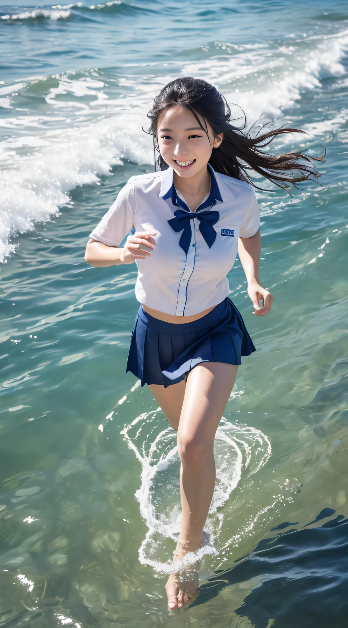Highest quality, masterpiece, Ultra-high resolution, Japanese , high school, ,small breasts, under a wet transparent white shirt, skirt , conversation, smile, beach, hard rain, wet transparent light blue short skirt lift, don't have an umbrella