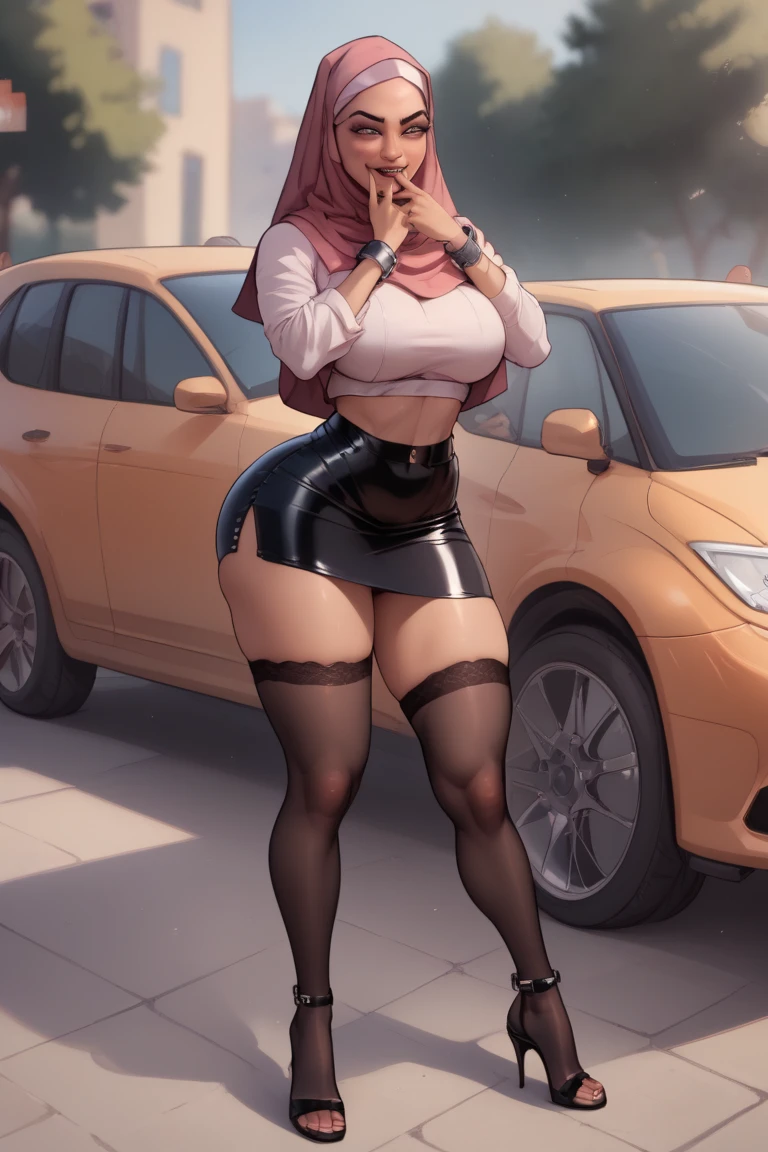 An Arabic Muslim woman, standing in the middle of a garage, wearing silk hijab, black bikini, black gstring, pvc pink mini jacket with open cleavage, pink pvc mini skirt, black fishnet stocking, pink 7inch boot heel, smiling with confident, makeup, polished nails, tattoo under belly button, sexy ass, nig rounded breasts,