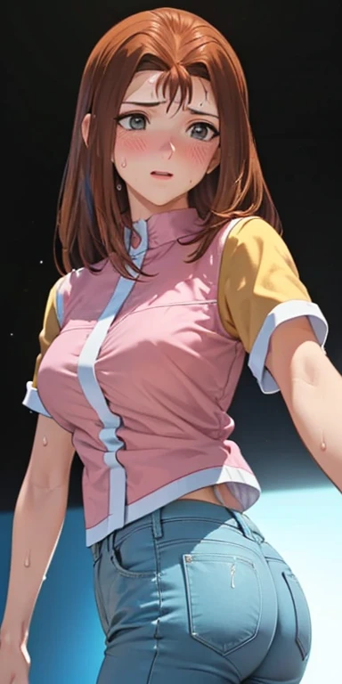 1 Female,High definition,high resolution,Ultra-realistic,8K, bbmazaki, ponytail, hair scrunchie, blue eyes,((yellow shirt)), necklace,sleeveless, bracelet, belt, pink skirt, tight skirt, miniskirt,European,sexy,Upper body close-up,Photographed from the front,Dynamic Angles,blush, big tits , happy, wink the eye,facial, sweat,multicolored hair ,((nipples)),(show tits),(wide thighs:1.4),(huge ass),(show ass),(from behind),(open ass),(anus),(show anus),(open anus),(skirt lift:1.4)