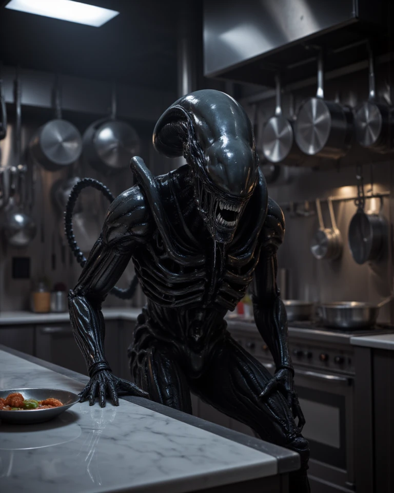 Aliens xenomorph has broken into the pantry, it is eating a donut, spaceship