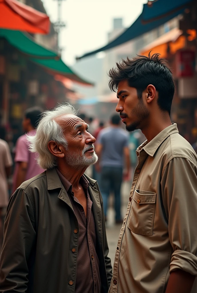 A scene on a busy street in India, showing an elderly man with white hair and a beard, wearing a beige jacket. He stands beside a young boy with bright blue hair, who looks up at him with a serious expression. The background is a bustling marketplace with blurred shops and pedestrians passing by, creating a sense of movement. The title of the movie is displayed at the top of the image in bold red and yellow text, contrasting with the muted colors of the street scene."

This prompt should capture the essence of the scene you're describing!