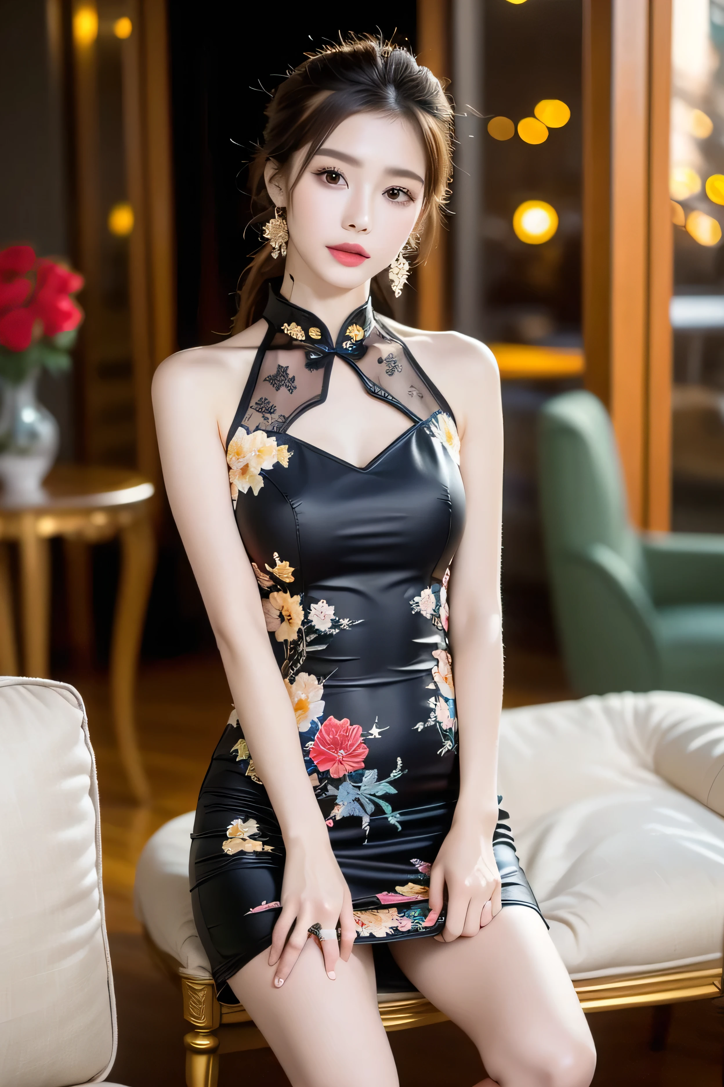 (8K),(Very detailed faces),(intricately details)(动态照明)(Photographic grade)Hair falls out naturally,Add forehead braids,The whole person adds a sweet princess style。
The makeup is delicate and elegant,Sweep your eyebrows,his lips twitched,Highlight traditional classical temperament。
Eyeshadow in a subtle pink hue,Add a touch of glamor and sweetness。
Pale red lip color,Not only improves complexion、temperament,It's also textured。
Costume details description 2:
The improved design makes the cheongsam more suitable for the needs of modern women,It retains the charm of tradition,Also integrated with fashion elements。
Her skin was as white as snow,A sharp contrast to the black cheongsam,further accentuating the beauty of her skin。
Her facial features are delicate and three-dimensional,eyes with brightness,It seems to light up the entire night sky。
Her head、edd、The leg posture shows an elegant figure and attractive legs,Full of aura。
Costume details 3:
in the photo,She was wearing a black cheongsam,Sit on a stool and pose,Show off your graceful figure and charming legs,Full of aura。
She was wearing a black cheongsam,Folding fan in one hand,Lean on the car and strike a pose,perfect pose with,High and high,Exuding a cool and gentle temperament。
in the photo,She was wearing a black cheongsam,Half of the face is covered,There was a hint of amusement in his eyes,Delicatemakeup,The facial features are three-dimensional and spiritual,The high nose bridge and sexy red lips attract people's attention。