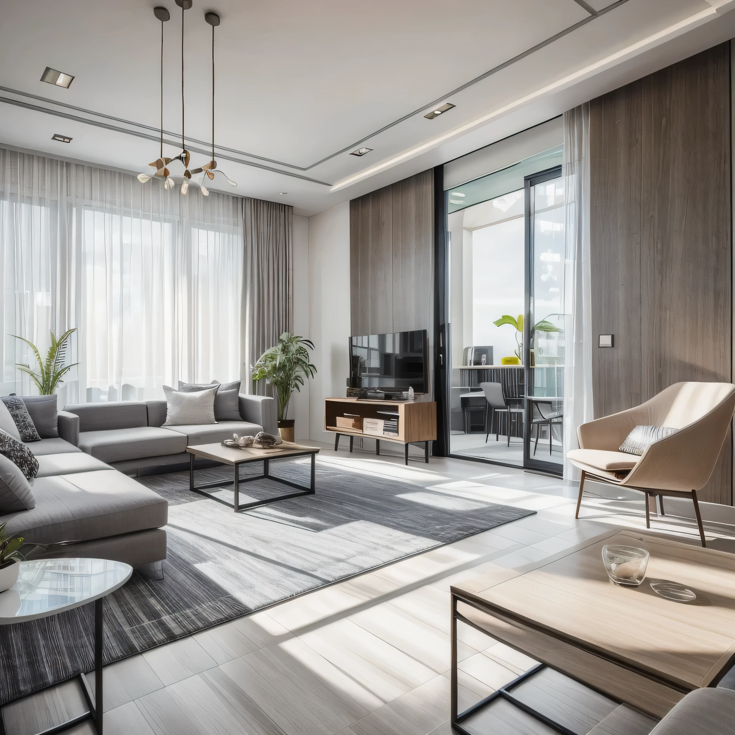interior, minimalist modern style, in the afternoon , (RAW Image, real , devil wings, masterpiece: 1.2), looks modern minimalist , floor with light wood tiles , Large glass window , plasterboard ceiling , ceiling lights, warm light: 1.2, dark light : 1.2, dynamic lighting : 1.3, (surreal, giống ảnh real : 1.2)
