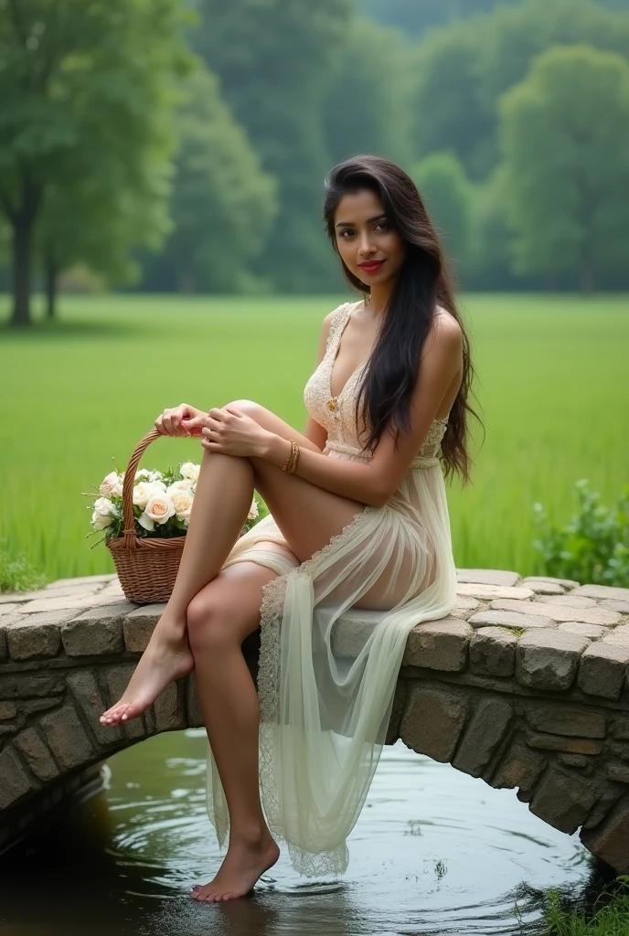 A mulher indiana, besides holding the basket of flowers, has symbolic elements of its culture around it. A richly embroidered shawl with traditional patterns flows smoothly over your shoulders, and a bracelet of colorful beads adorns her wrist, each account telling a unique story.

The flower basket is a work of art in itself, made from intrinsically interwoven natural fibers. As flores dentro da cesta variam em cor e formato, reflecting the botanical diversity of the region. Adicionalmente, small tropical butterflies land on the petals, adding an effervescent touch of life to the scene.

A mulher indiana is barefoot, directly connected to the earth beneath your feet. Delicate details of your feet, decorado com hena, showcase tradition and art applied to even the smallest parts of the body.

The surrounding environment is filled with the soft sound of leaves rustling on the trees. The nearby brook murmurs melodiously, following the distant songs of exotic birds. A brisa carrega aromas de plantas locais, involving India in natural fragrances.

O sol, now higher in the sky, casts soft shadows and outlines the contours of India. Pequenos feixes de luz passam pelas folhas da floresta, creating a magical and ethereal atmosphere.