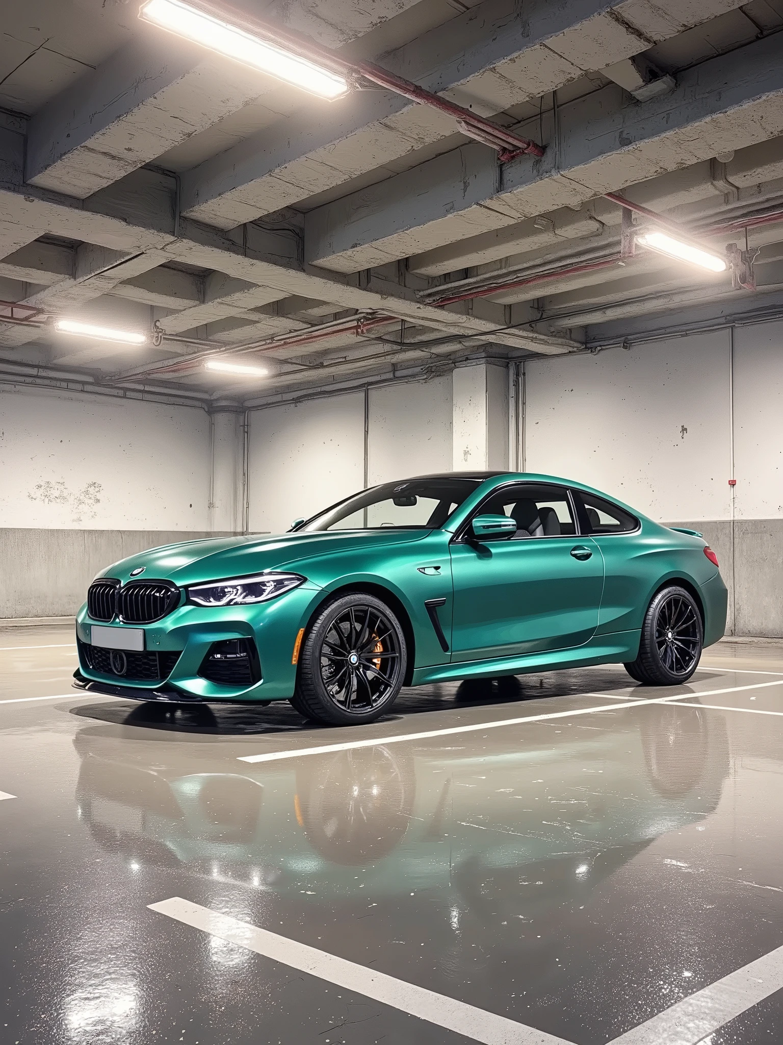 A teal green BMW sports car is parked in an underground garage. The car is positioned slightly to the left of center in the image. It's a two-door coupe with dark rims and a sleek design. The car appears to be a modern model, likely from the last s.  The garage's interior is a light gray-beige color with concrete walls and exposed ceiling beams.  The lighting is from above and slightly off to the side, creating subtle shadows and highlighting the car's metallic finish.  The parking lot floor is light gray with white painted lines. The composition is straightforward and focused on the vehicle, with the car as the primary subject.  The image has a photorealistic quality, presenting a still image of the car. The atmosphere is contemporary and modern, showcasing the car's design and the garage's industrial style.