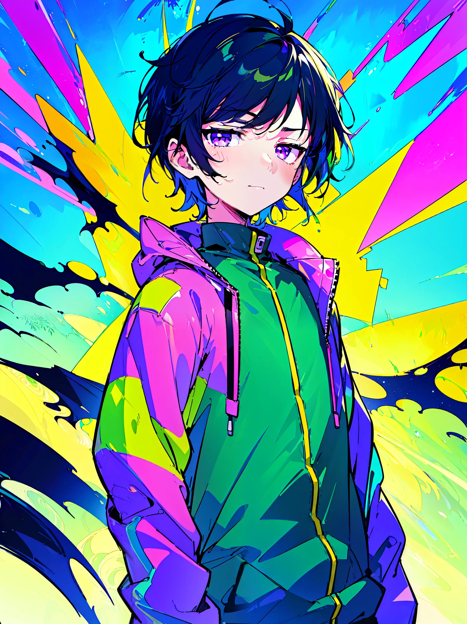 [(Tropical BACKGROUND:1.5),::5], ((((masterpiece)))), high quality, ultra_very_high_resolution, large_filesize, full color, (((solo))), (()), (((green short hair))), purple eyes, anime, (upper body), neon light, black parka,