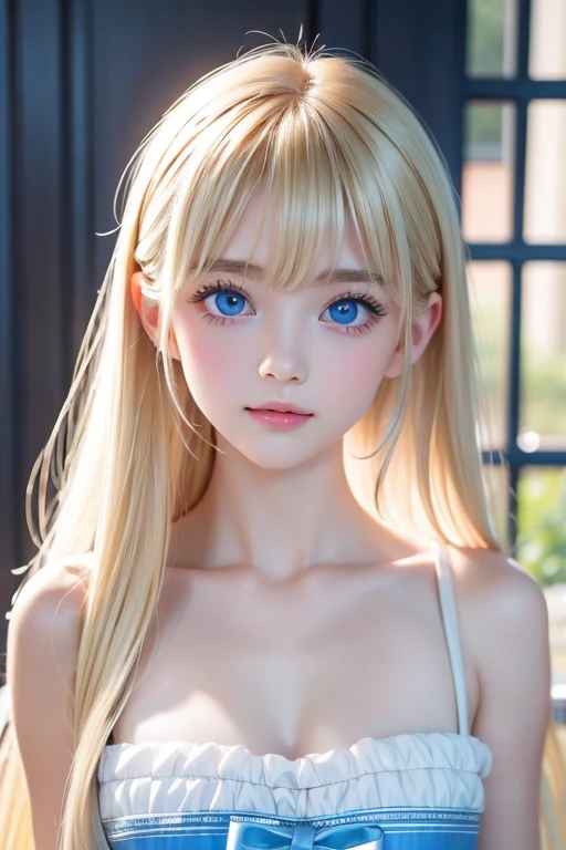 photorealism、 top quality、超A high resolution、picture、 A photo of a very beautiful girl born in Northern Europe、Extraordinary, Ultimate Beautiful Girl 、 cute and beautiful face details、( Pueros Face _v1:0.008)、美しいbangs、 Alice in Wonderland、、Radiant, fair, glowing skin、Facial hair、顔まで伸びるbangs、目にかかるbangs、 super long hair 、 charming bright very beautiful bright blonde super long straight silky hair、Thin blonde、Big pale sapphire blue eyes that shine whitish and are extremely bright and are even brighter、Very bright iris with a dazzling milky white color、Big eyes that reflect the white landscape brightly、Big bright eyes、 white apron、 blue dress、 eyeliner、 double eyelids、rich huge bust、Blonde hair hiding one eye , bangs, 目と目の間のbangs, Too much hair, Hair in the eyes, huge breasts