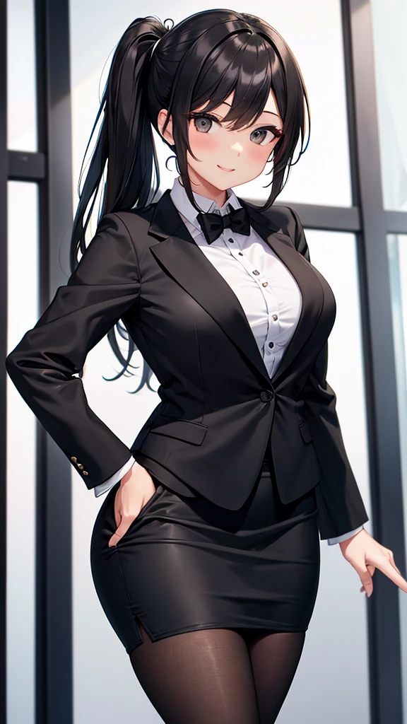 (best quality,4k,8k,highres,masterpiece:1.2),extremely detailed eyes and face,Yukinoshita Yukino, Standing, outfit body, Wearing Black Tuxedo, And Tight white pants, Curvel girl, badass, Have many girls, blue necktie, smiling, wallpaper, beautiful detailed eyes,beautiful detailed lips,longeyelashes,vivid colors,portrait,sharp focus,professional,studio lighting,ultra-fine painting,realistic