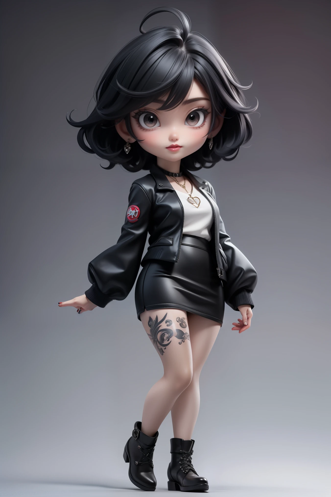 masterpiece, top quality,8k, Official Art, super high resolution,
1人の girl, chibi, girl, Alone, full body, Watch viewers,
jewelry, earrings,
green, Lantern, short hair, ,
pencil skirt, Bbo~, shorts, Black footwear, black shorts, Long Sleeve, black jacket with tentacles and arms, Food, Crossed String Footwear ,
gray eyes, teeth, wave hair, shirt, tattoo,