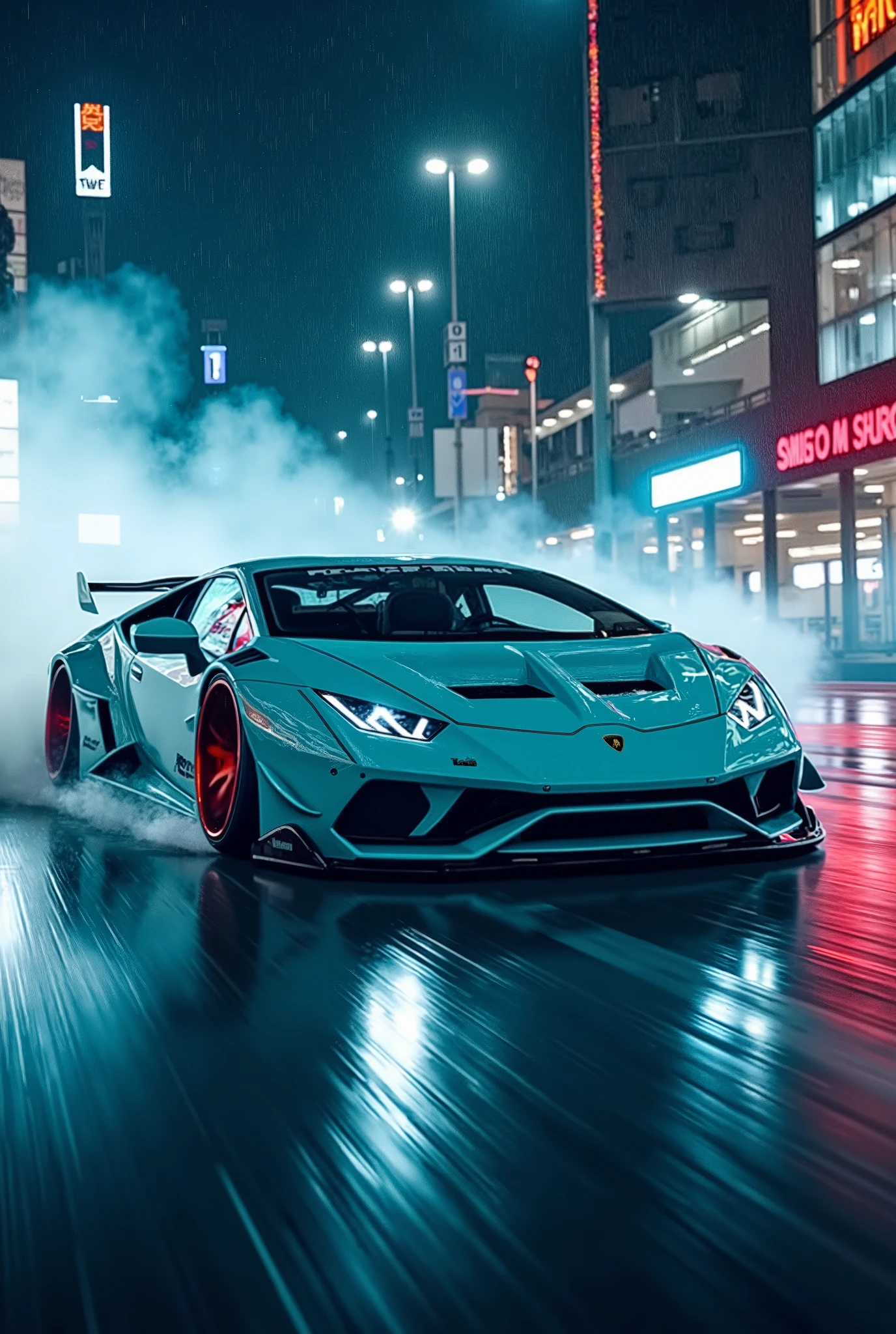 Lamborghini huracan drifting chase, action shot, high speed, night life, heavy rain, lens flare, intricate, elegant, highly detailed, realistic, concept art, matte, sharp focus, hearthstone