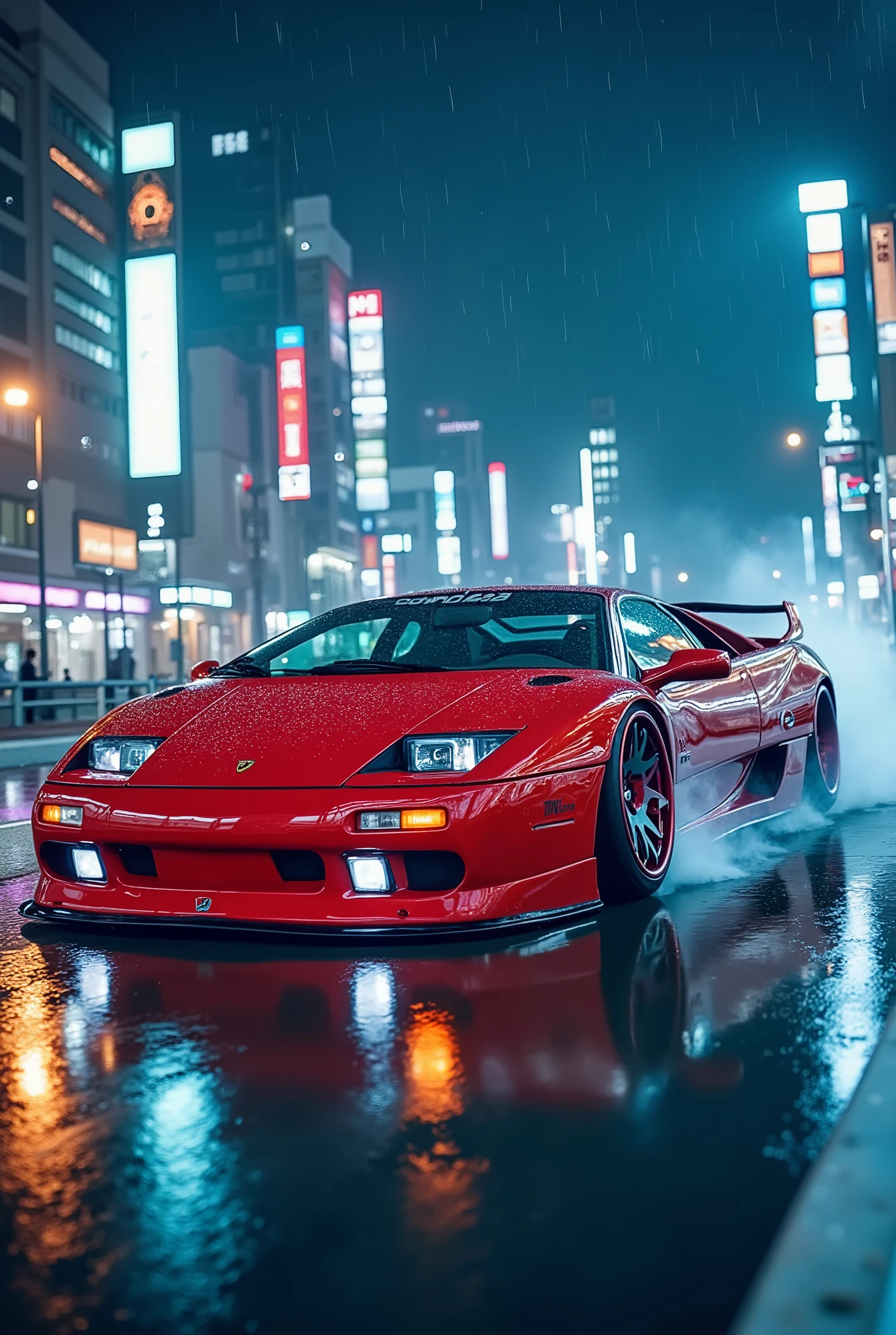 Lamborghini diablo drifting chase, action shot, high speed, night life, heavy rain, lens flare, intricate, elegant, highly detailed, realistic, concept art, matte, sharp focus, hearthstone