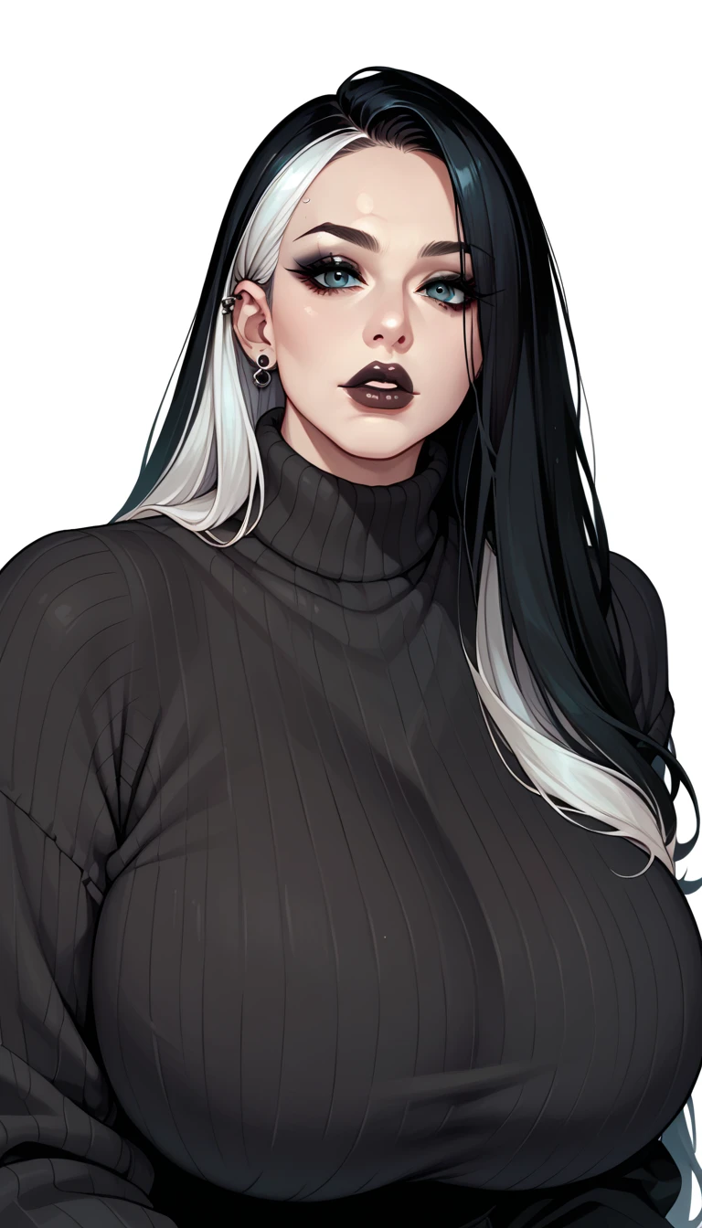 score_9, score_8_up, score_7_up, 1girl,solo, upper body,looking at viewer, white background, voluminous long hair, dark hair, makeup , parted lips, black lips, eyeliner, gothic, goth woman, gigantic breasts, sweater