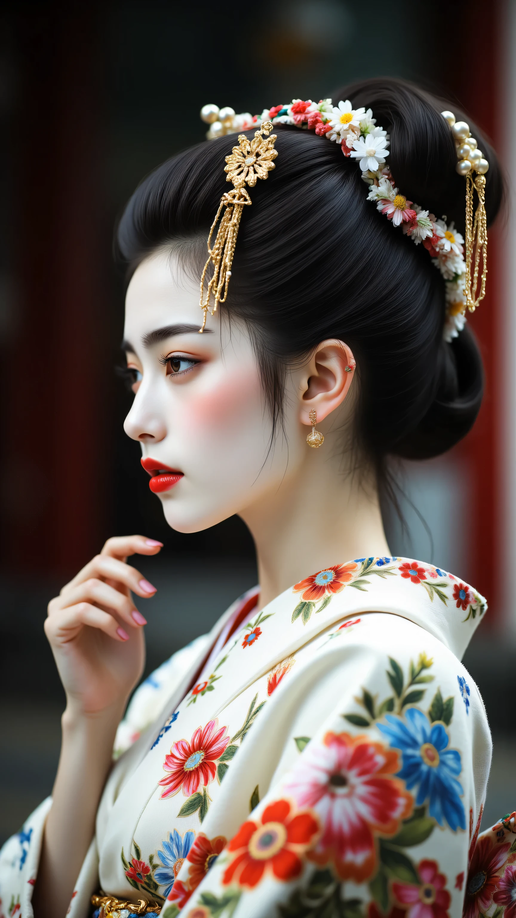 High Ranking Geisha Arafed woman in kimono with a red lip and a flowered headpiece - SeaArt AI