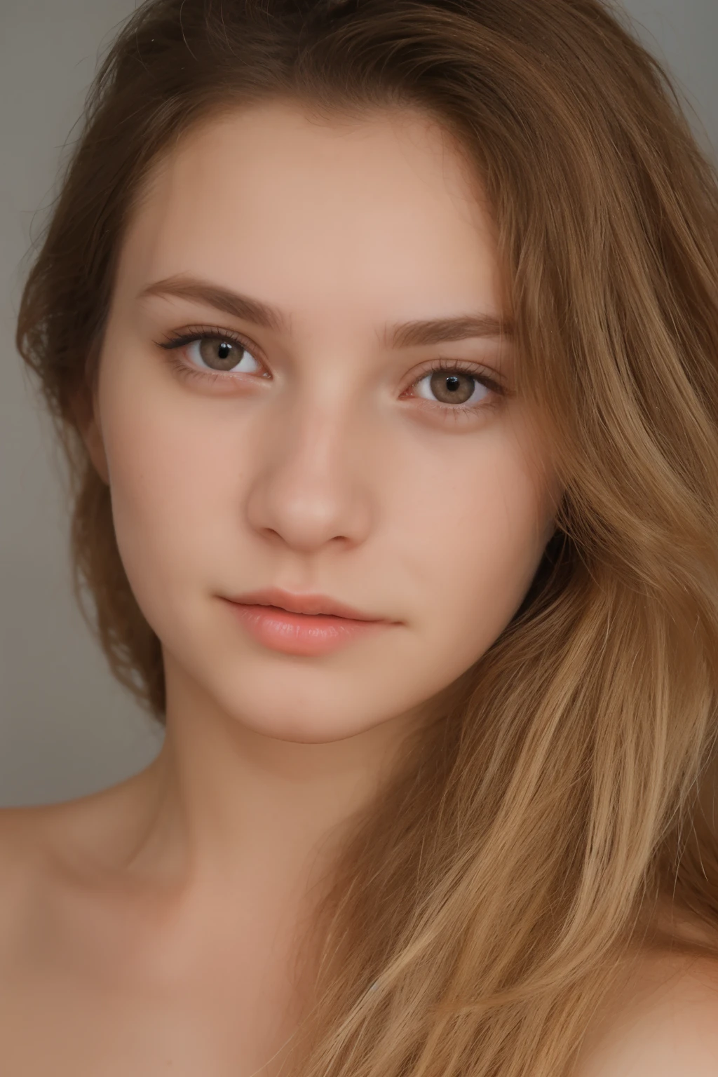 Russian girl, honey-colored eyes, face photo, , Blond and brown hair, realistic photo, face shot, long hair, without marks on the skin, no dark circles, detailed eyes