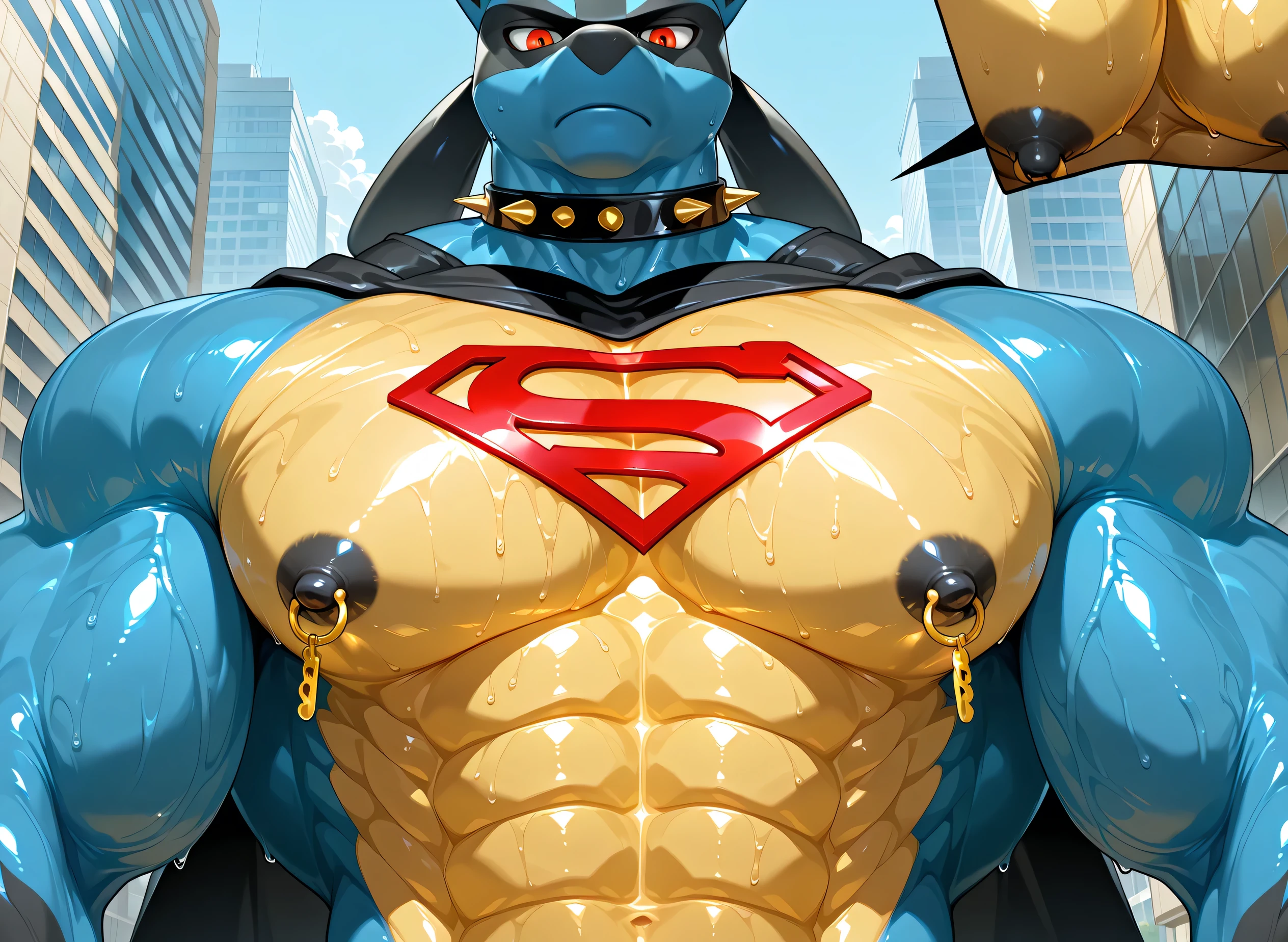 kemono, by null-ghost, by zixiong, solo, male, tail, Lucario, anthro, black nipples, big nipples, gold nipple rings, sweaty, handsome, broad shoulders, broad chest, huge muscular, posing, thick neck, thick arms, blue arms, pectorals crushing city, bedroom eyes, looking at viewer, serious, macro, city, buildings, wearing gold chains around neck, wearing a spiked collar on his neck, wearing superman outfit, superman symbol on center of chest, black cape, detailed background, sweaty, low view, close shot of chest and face, body fills frame, BREAK score_9_up,score_8_up,score_7_up,score_6_up,score_5_up,score_4_up