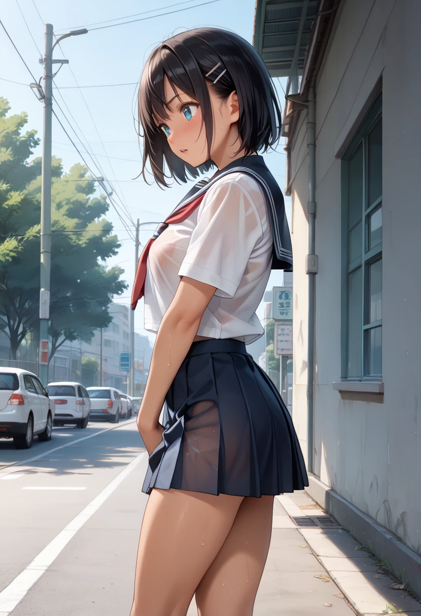 absurderes:1.8, ((school uniform、skirt lift:1.5, showing panties:1.4, From the thigh up:1.5, medium hair))、(1woman), Unity 8K Wallpaper, Masterpiece, detailed hair, highly detailed, (black hair, embroidery panties:1.4, sidewalk), (blush:1.3)、 ,(slut:1.2),