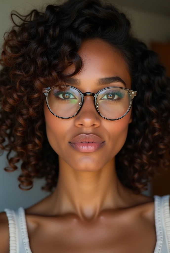 short light skinned black female, long curly with no frizz brown hair, glasses, freckles, brown eyes, no imperfections