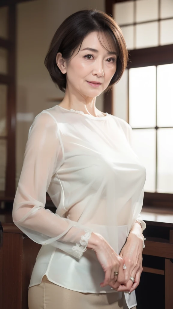 high definition, high definition, Attention to Details , masterpiece, anatomically accurate , sharp, (( Japanese,Mature Woman)),(80 years old:1.5),(old woman:1.4),(( facial wrinkles)), Long light brown hair , bangs,(((stand up,))),View photographer , looks straight ahead,( See-through blouse :1.3),( tight skirt :1.1),Inside the warehouse,( serious expression:1.3), Middle-aged obesity ,(Long face:1.2),(Ordinary housewife:1.3),