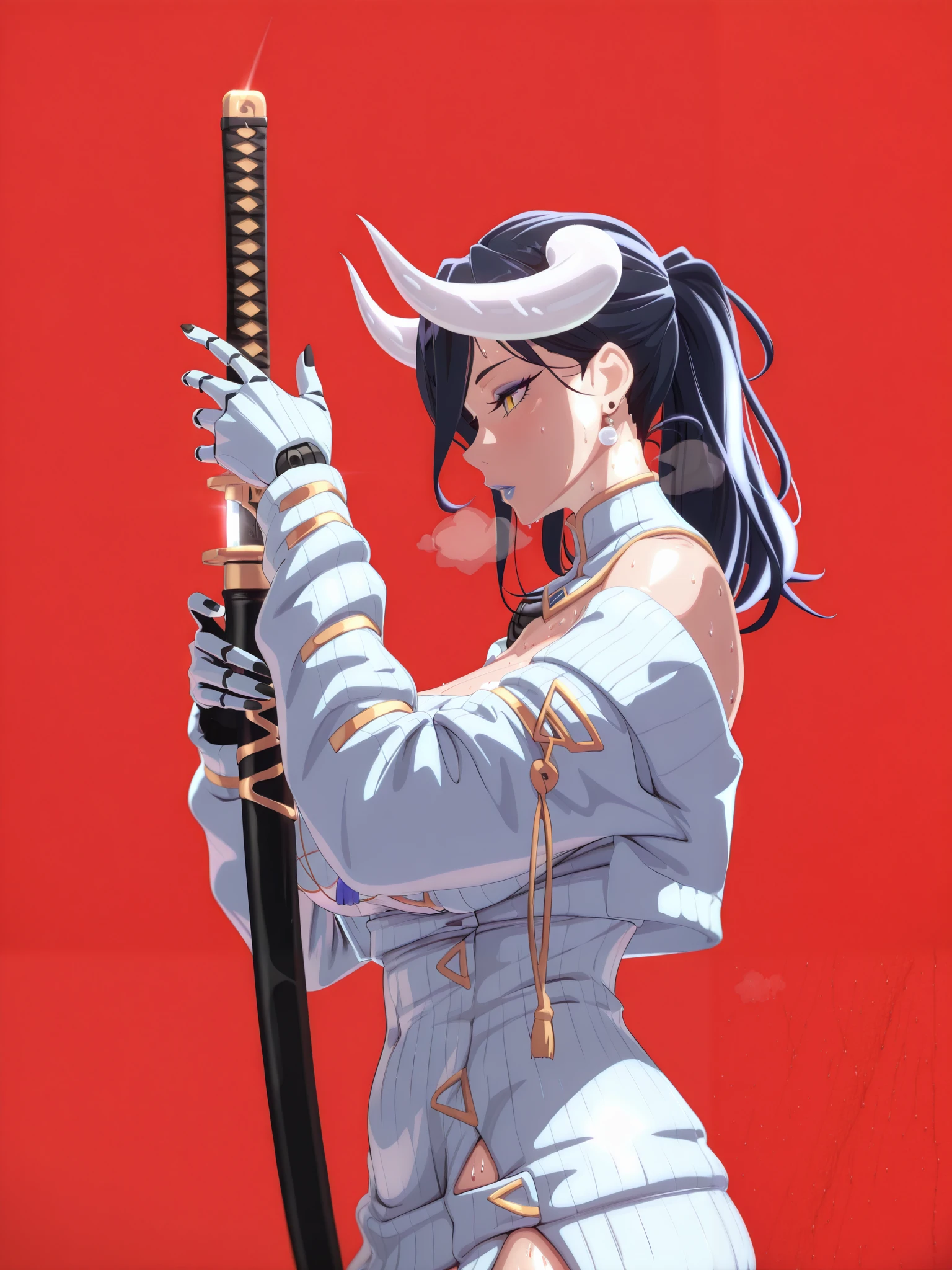 Theobrobine, score_9, score_8_up, score_7_up, score_6_up, score_5_up, score_4_up, uncensored, albedo \(overlord\), black hair, long hair, demon horns, slit pupils, yellow eyes, mature female, 3d, cgi, (voluptuous:1.3), (thick:1.3), BREAK UHD, retina, masterpiece, accurate, anatomically correct, textured skin, super detail, high details, high quality, award winning, best quality, highres, 4K, black nails, makeup, eyelashes, excessive sweating, sweating, sweating drop, (gasping, heavy breathing:1.3), (skindentation:1.2), perfect eyes, beautiful eyes, eyelashes, makeup, detailed body, perfect body, BREAK, 1girl, weapon, solo, sword, red_background, katana, holding_weapon, holding, simple_background, ear_piercing, sheath, holding_sword, mechanical_arms, profile, from_side, sheathed, looking_at_viewer, cyborg, white jacket, sweater dress, off shoulder, black short