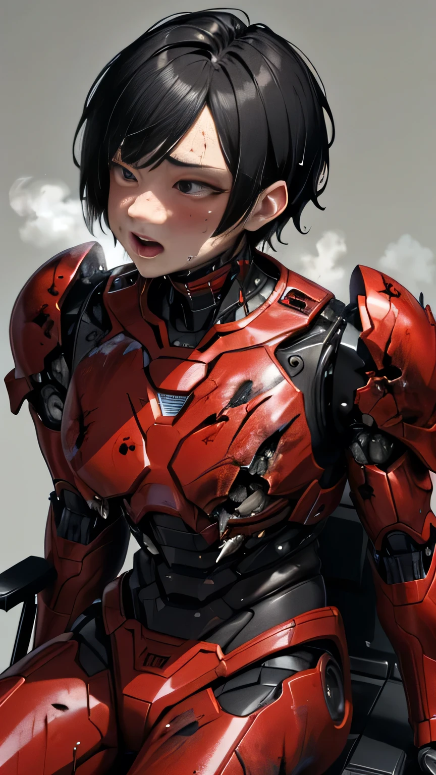 rough skin, very well detailed , Graveyard details , high quality, 最 high quality, kampala, 1080P 、Bleeding、Red Armor、Wearing red and black、 cute(( Terrible damage to the whole body ))( A broken female robot suit is wearing...)(Red Armor)(Damaged Armor ) black hair 、、 short hair、 wet 、 Open Your Mouth 、Sweaty face、It hurts again、 cute、、 drooling from the mouth、 female college student ( steam coming out of my face ) ((Wear a robot suit for women )) sitting in a chair Touching the vagina drool Can you look up at the pain character profile, multi view, lips, deformed cheek dye ,