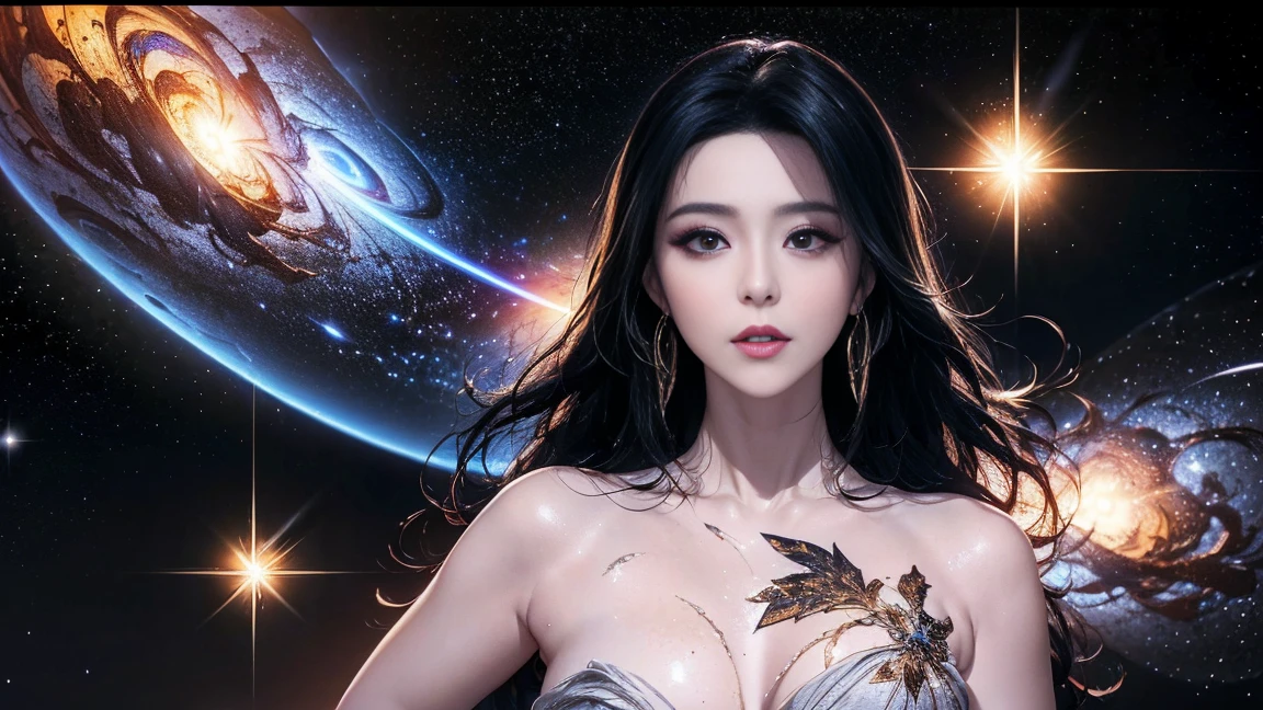 (masterpiece), the best quality, expressive eyes, perfect face, beautiful details face, A beautiful mature woman in reveal clothing posing shows her Extremely busty and attractive breasts, (smirk), (midnight blue hair), multicolored hair, (random hairstyles, shiny hair, gradient hair, medium long hair), covered , Slit dress, high-Slit Skirt, (full detailed strapless dress), silver and white dress, beautiful details eyes, (purple eyes), glowing eyes, forehead, (diamond hair orament),(absurdly Gigantic round perky breasts:1.5),(veins breasts), thick body, upper body, (well accentuated curves), pink lips, white nails, mascara, Long eyelashes, (Extremely wide well defined hips:1.3), (beautiful massive thick muscular thighs:1.4), tight thighs,thick thighs, has a tall slender figure, Extremely detailed skin texture, beautiful detailed realistic muscle definition, golden fireflies that shimmer, high detailed eyes, ultra-high quality model, proportionate, intense colouration fantasy, (fantasy ruins, beautiful background), random places, gold and silver flora pastel tetradic colours, hair ornament,silver earrings, cleavage, detached sleeves, jewelry, earring, (1girl), solo