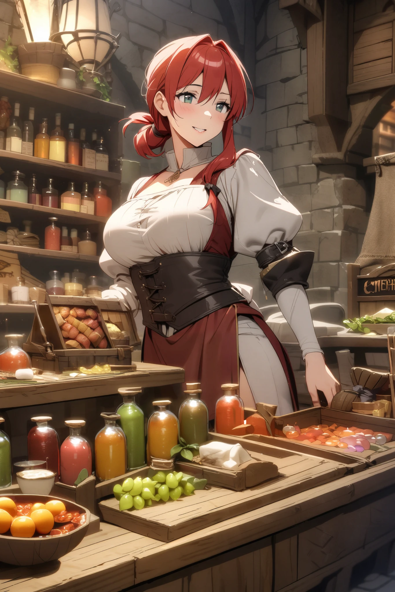 By Alan Paterson inspired girl big tits Boruto + Sarada delicada atrevida Elvgrin, and Jorge Jimenez. black vestido curto fino de alcinha, ((olhos grandes azuis)) Portrait front view of a girl standing in a mystical marketplace, with red neon hair in a flowing ponytail, in a dynamic pose, she is holding a glass of bubbling potion out to the viewer, in the background are busy vendors, and magical light and smoke from the various market stalls. trending on artstation, sharp focus, studio photo, intricate details, highly detailed,