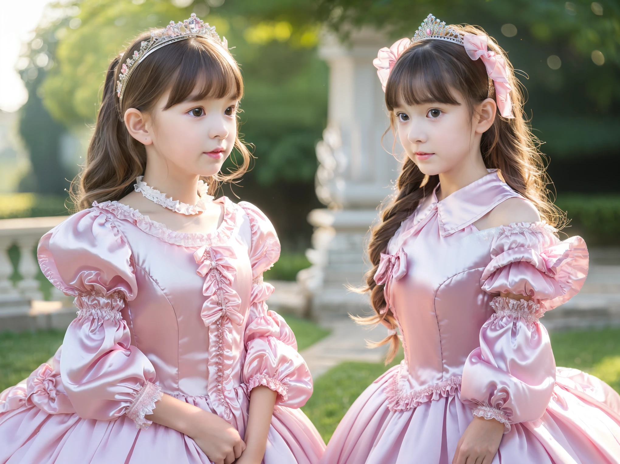 ,highest quality, masterpiece, highest resolution, artwork, super それにget used to it, many get used to it, get used to it, それにget used to it, 3K realistic photos,,((10 year old s)),Super detailed baby face,both are princesses,detailed luxury tiara,Full length ball gown dress with hoop skirt,ruffle yoke collar,Detailed braided ribbon at chest,puff sleeves,long sleeve,((lolita stylt pink princess satin dress、Comes with lots of frills and ribbons。)),crazy&#39;colorful fashion,shiny silk satin dress,soft and smooth silk satin fabric,luxury,Very long blonde hair,blue eyes,white skin european,pajamas,((inside the palace)),Princess dancing happily,gorgeous flowing dress,fine white frills and lace,Super long hair that is as tall as your body,white long socks,drawers with lots of frills,castle bedroom at night,Super long flowing hair,on the bed,Luxurious canopy on the bed,Huge, spacious bed,Pink pillow with lots of frills,Silk satin pink curtains with luxurious ruffles and ribbons surround the bed,princess sitting on bed,Pillows piled up behind the princess,Long hair scattered like a fan on the bed,(((Both legs are completely hidden inside the dress))),((((round futon)))),((((A large futon with frills that covers the entire bed)))),detailed comforter,Detailed bed sheets,