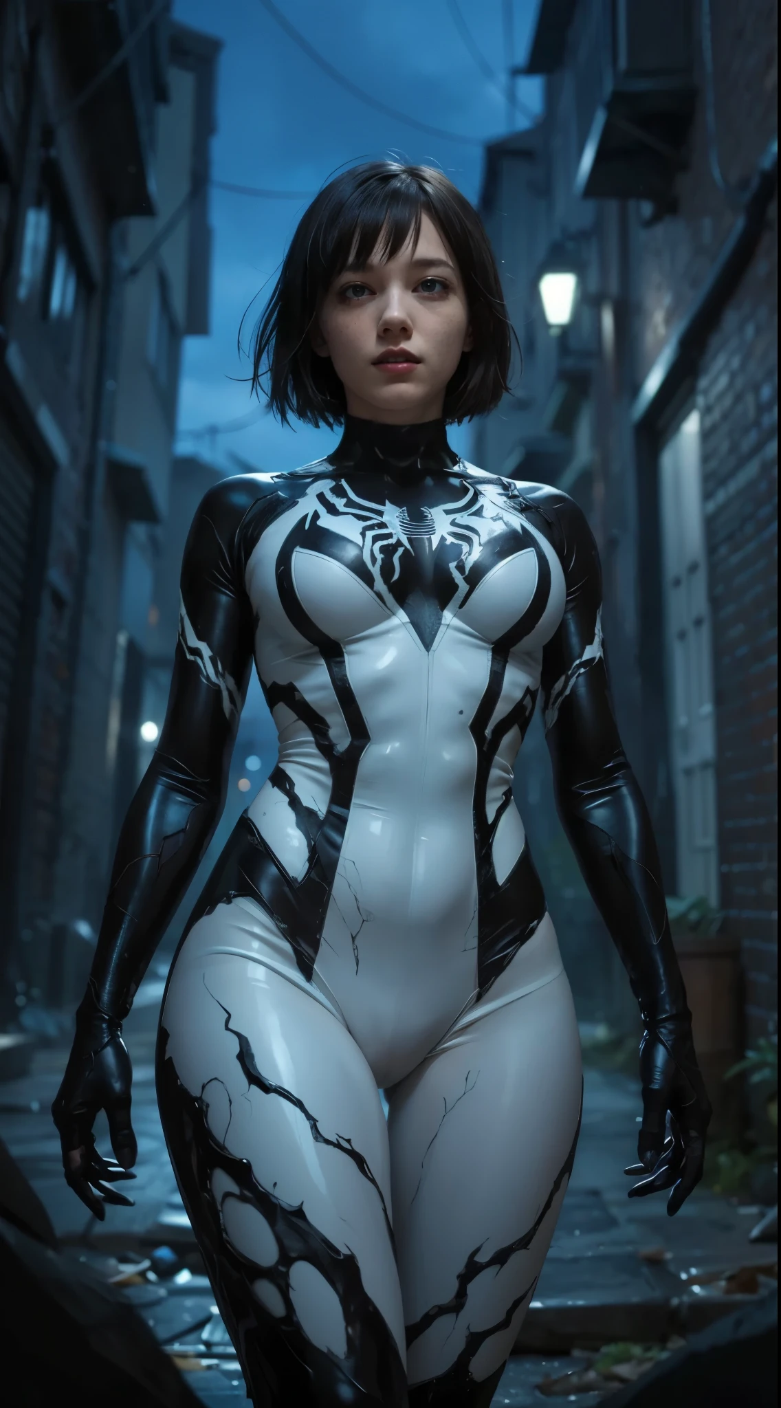 Daisy Ridley， Black Venom suit， Tongue stock， Spidey， cinmatic lighting， 城市， NewYork， during night， Sateen， dampness， Slimy， Black slime， full bodyesbian， photograph realistic， ultra-realistic realism， 8K， ultra - detailed， Dim light，