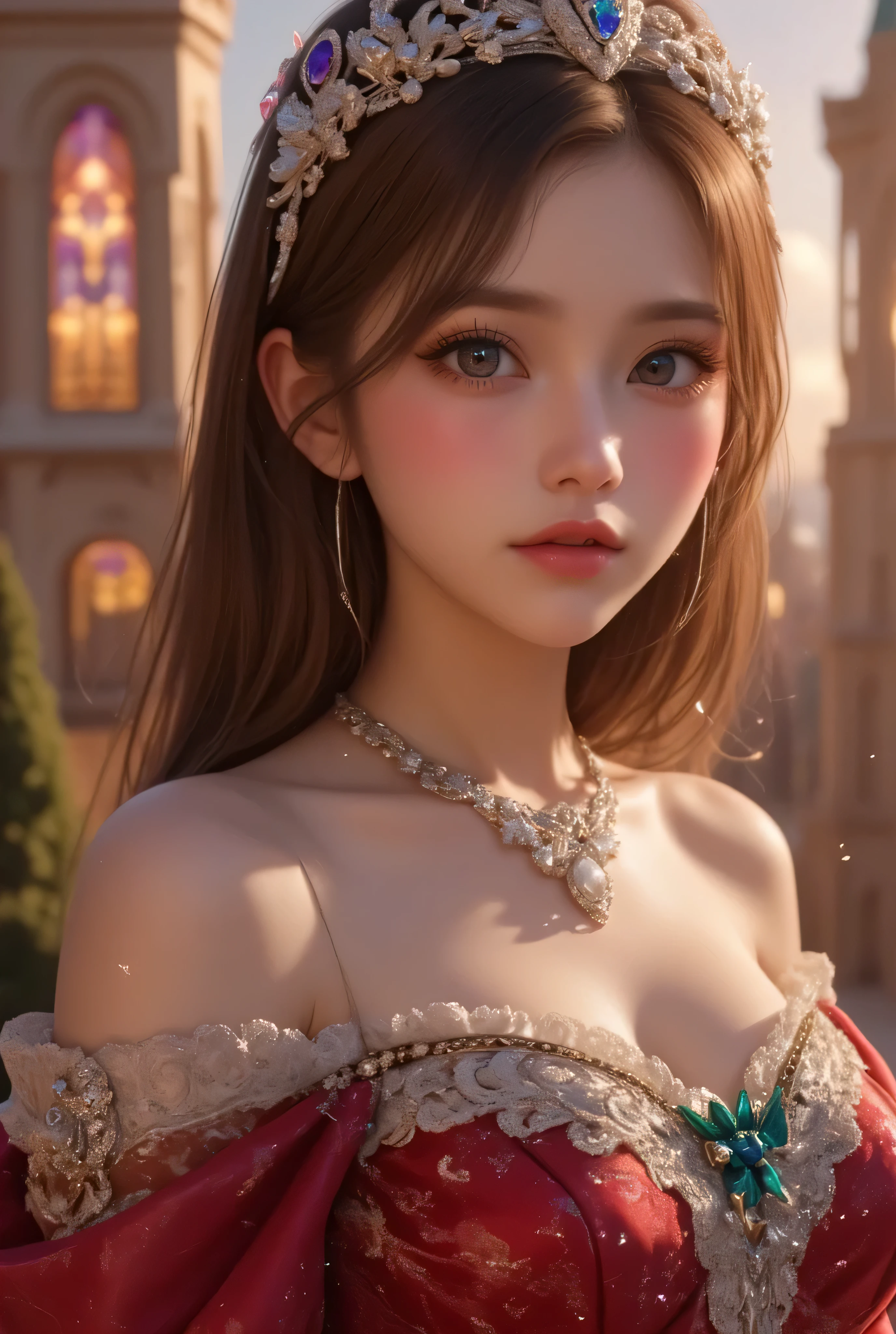 lors, deep contrast, super real, pink lipstick, lovely atmosphere, cinematic composition, close-up of face. She is wearing a breathtakingly opulent princess dress with flowing, multi-layered fabrics in a mesmerizing blend of royal blue, deep crimson, emerald green, and shimmering violet, creating a dazzling gradient effect. The dress is adorned with intricate golden and silver embroidery, forming delicate floral and celestial patterns, intertwined with radiant, sparkling gems in shades of sapphire, ruby, emerald, and amethyst. The off-shoulder design is enhanced with sheer, shimmering fabrics that drape elegantly, catching the light like woven stardust. Her bodice is encrusted with fine jewel embellishments, and a beautifully detailed silver and gold belt cinches her waist, adding to the regal elegance. She also wears a dazzling gemstone necklace, a delicate tiara of intertwined silver and gold adorned with pearls and precious stones, and an exquisite matching bracelet.
She stands gracefully in front of a magnificent castle with towering spires, intricate stonework, and glowing stained-glass windows that cast a kaleidoscope of colors onto the grand courtyard. The castle is bathed in the golden light of a setting sun, with the sky painted in warm hues of orange, pink, and purple. Ethereal sparkles fill the air, adding a magical glow to the scene. Her expression is serene, confident, and regal, exuding the grace and charm of a true fairy-tale princess in a fantastical, enchanted world.